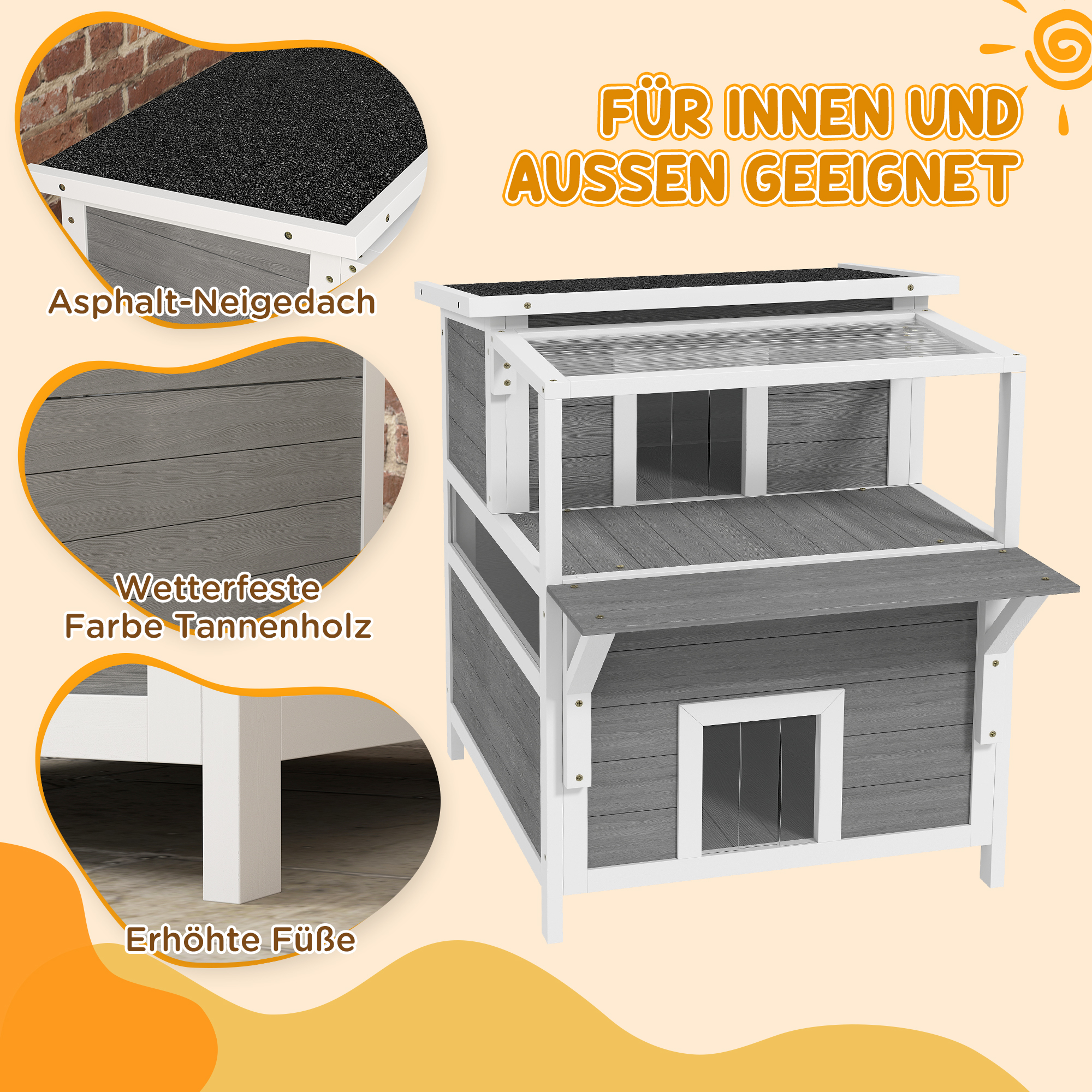 2-stöckiges Katzenhaus mit Balkon, Wetterfeste Katzenhütte, Regen- und Sonnenschutz, für drinnen und draußen, Hellgrau