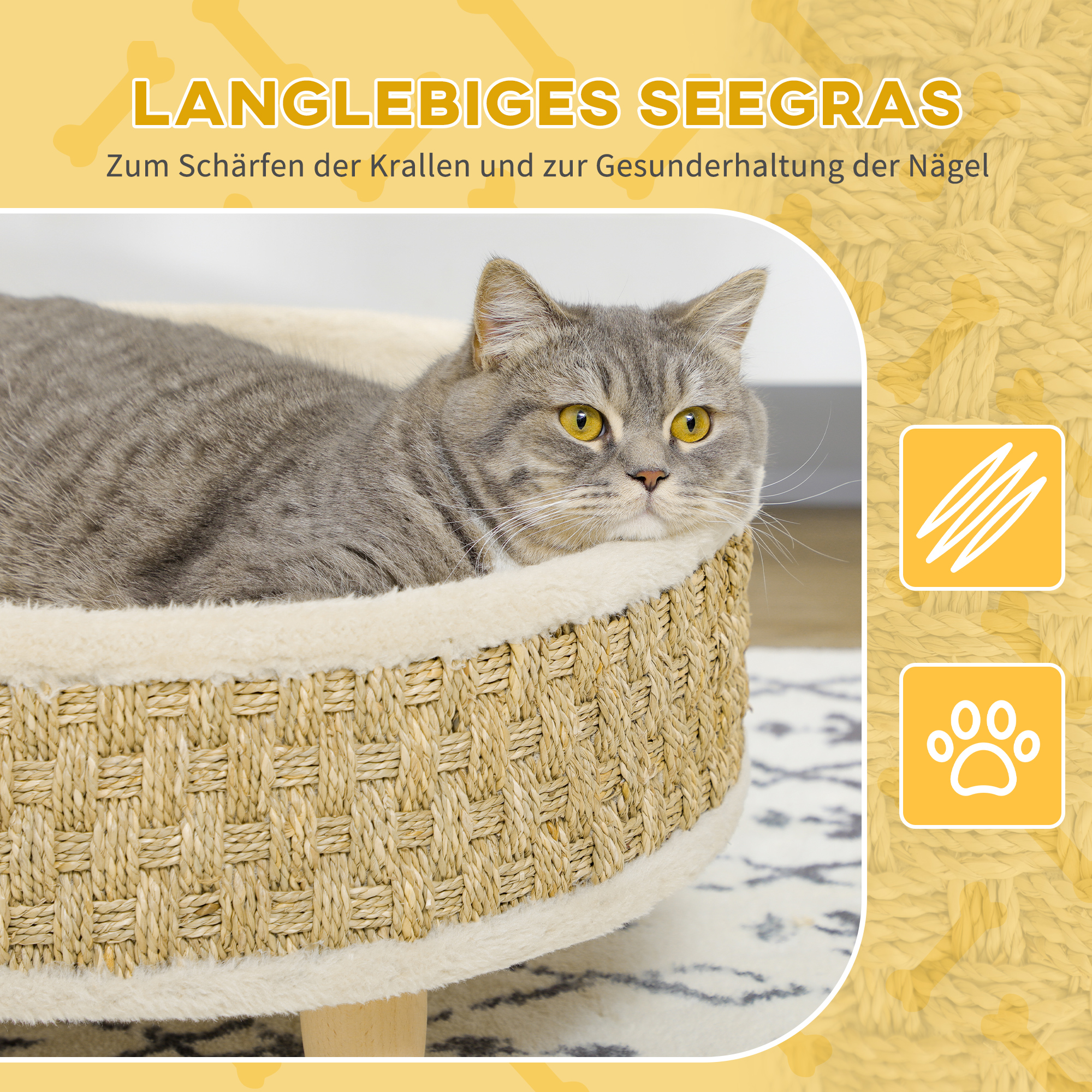 Haustierbett für Katzen und Hunde, Seegras, waschbares Kissen, 48 cm x 48 cm x 24,5 cm, Beige + Khaki - Natur