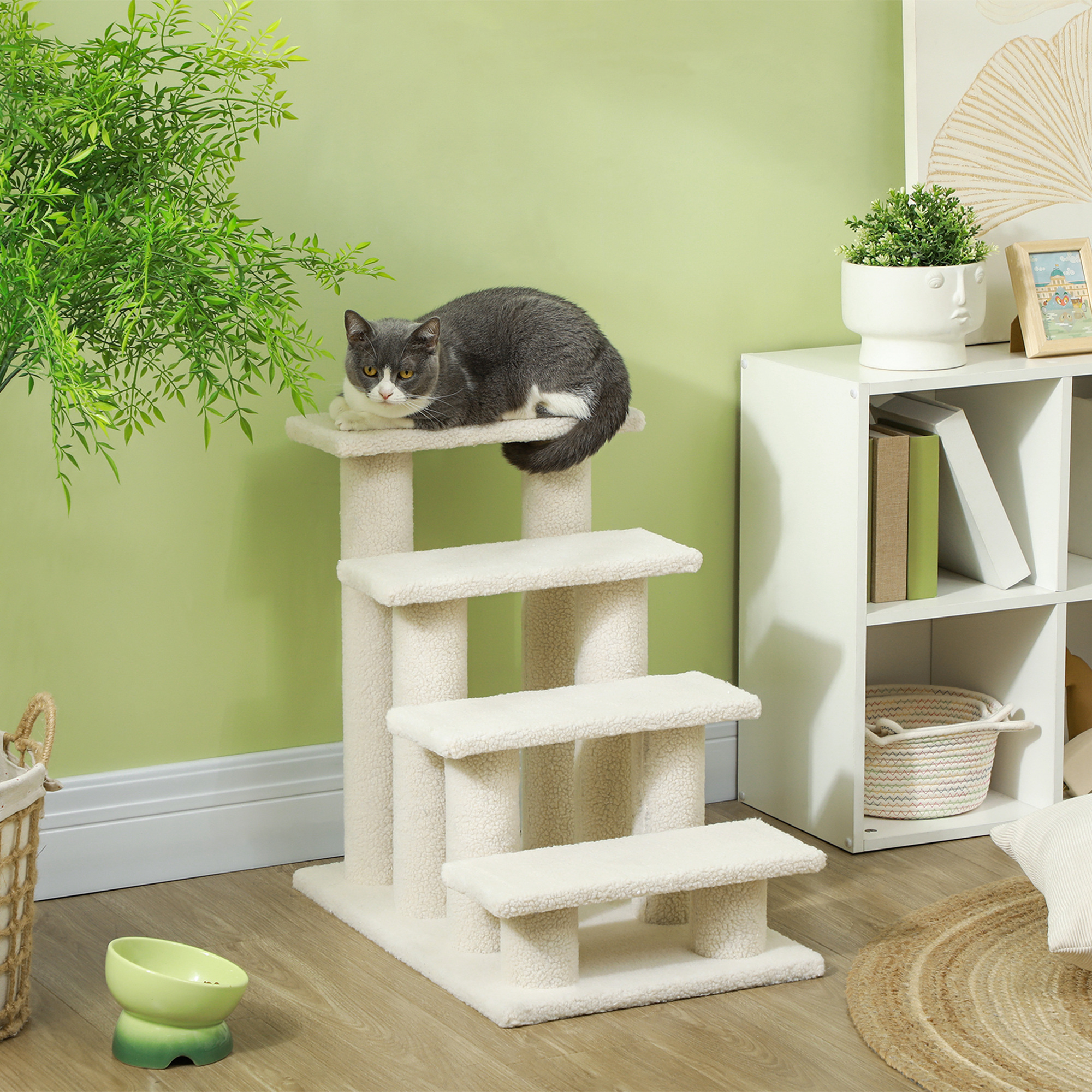 Katzentreppe 4 Stufen Tiertreppe Treppe für Katze Haustiertreppe Hundetreppe aus Plüsch 61 x 41 x 60 cm Cremeweiß