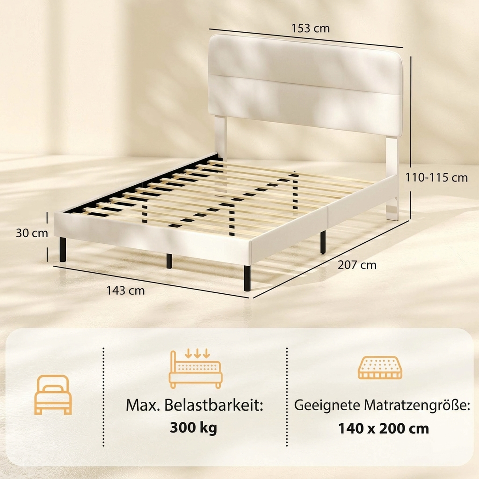 Bettgestell 140 x 200 cm mit verstellbarem Kopfteil, Polsterbett in Leinenoptik mit 12 Sperrholzlatten, Beige
