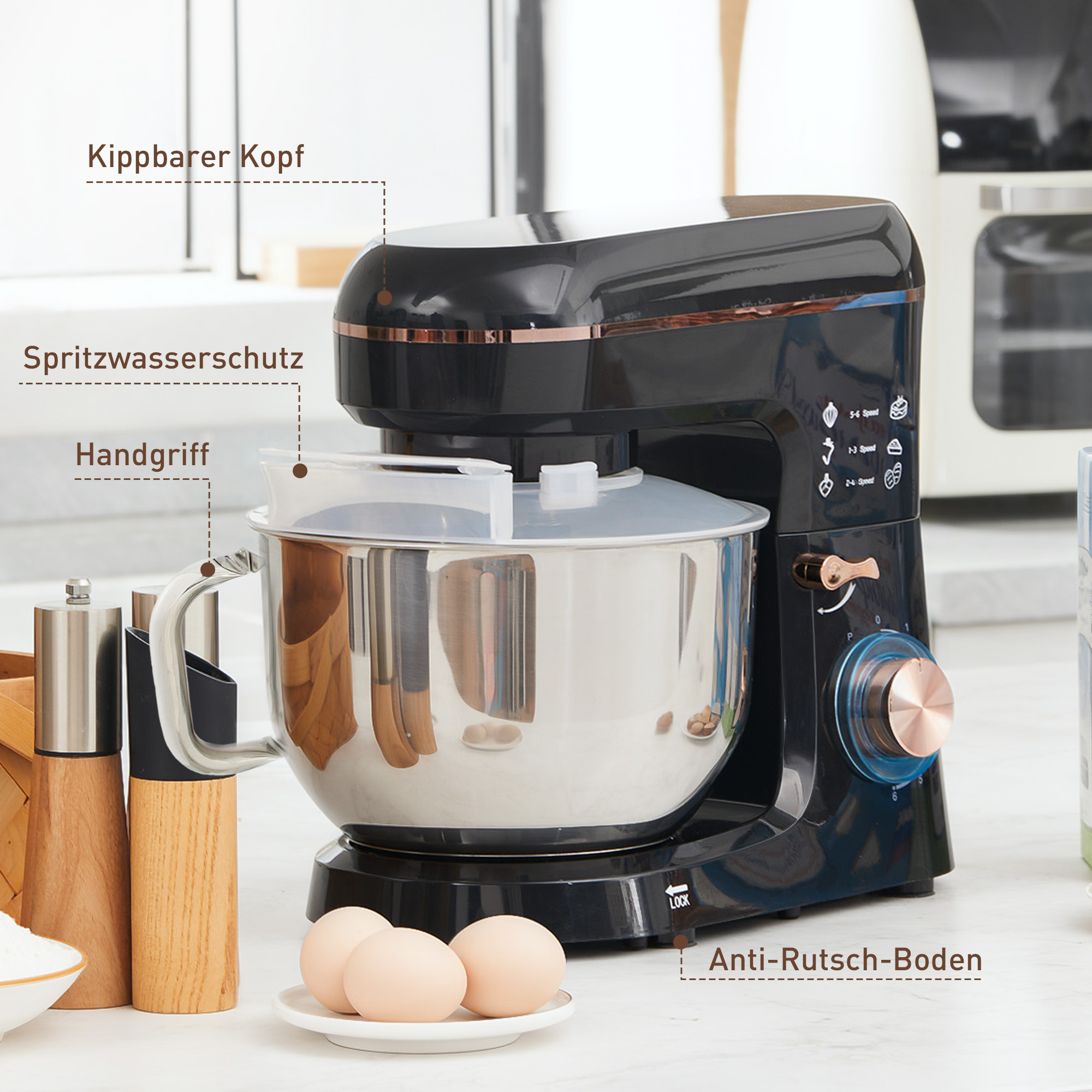 Standmixer, Küchenmaschine, Rührgerät, 6 Stufen, 5,5L Edelstahlschüssel, Schwarz