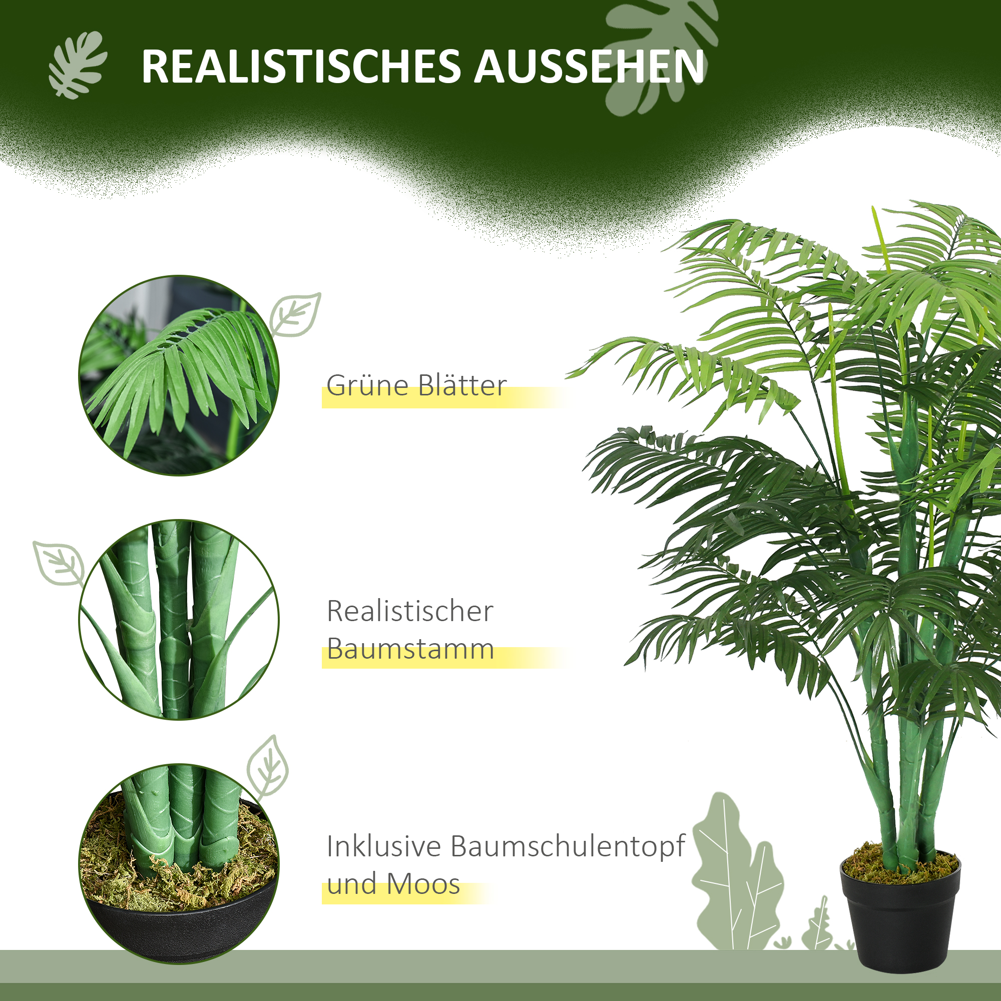 Künstliche Palme 125cm Groß Kunstpflanze mit 18 Palmenwedel im Topf für Wohnzimmer Balkon