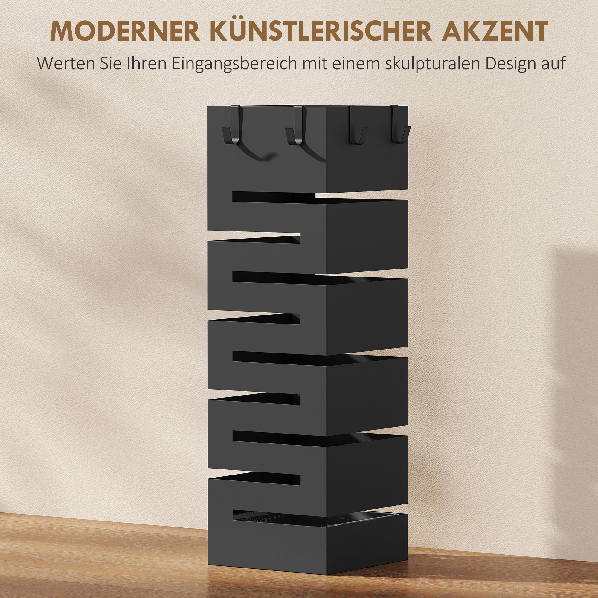 Regenschirmhalter, Metallständer für Schirme, Freistehender Schirmständer mit Haken und Tropfschale, Platz für 8 Schirme, Schwarz
