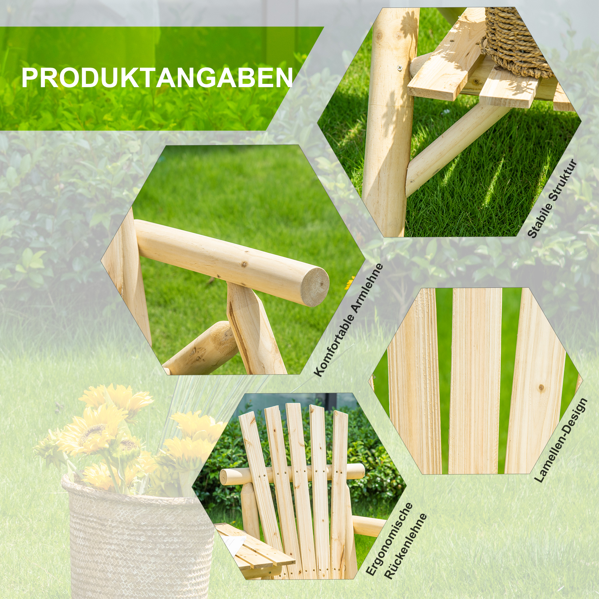 Gartenbank-Kombination für 2 Personen, integrierter Tisch, Naturholz, 157 x 88 x 103 cm