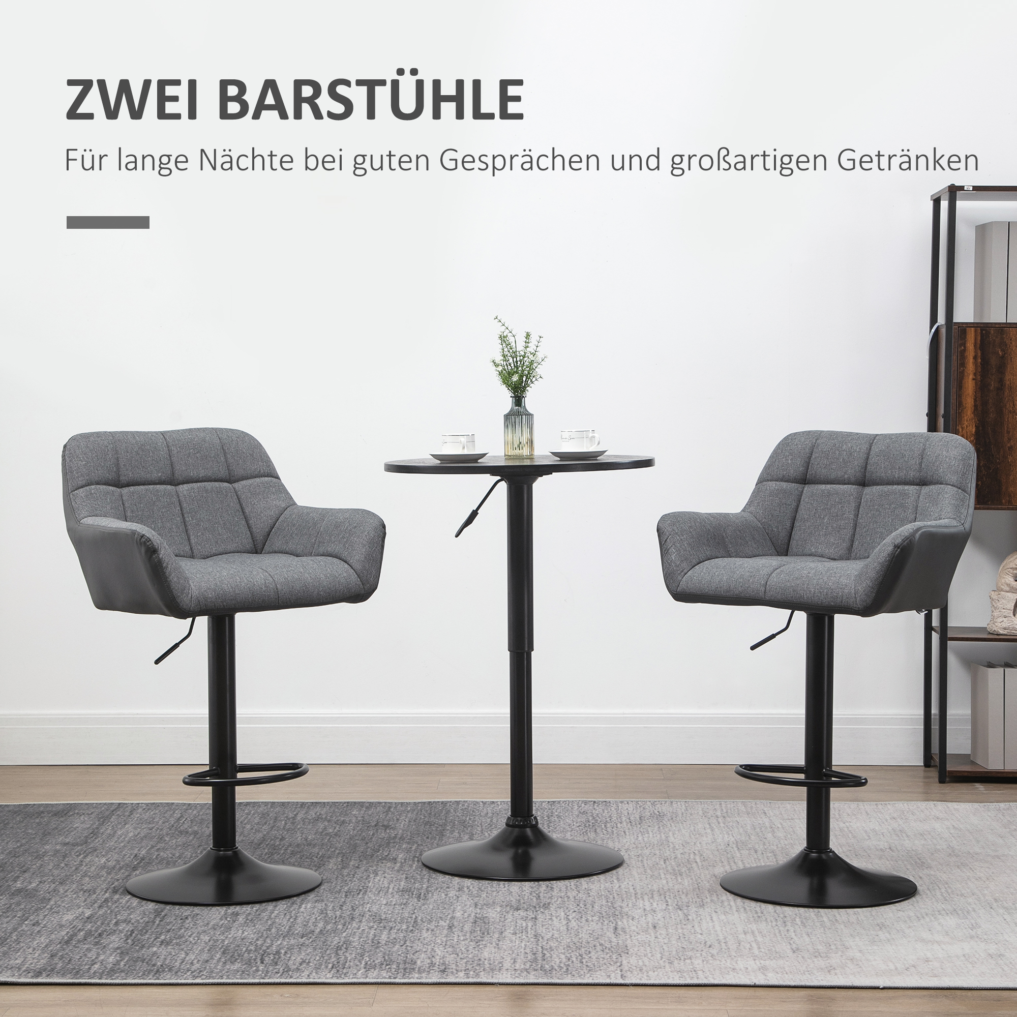 Barhocker 2er-Set Retro-Design höhenverstellbar Kunstleder Leinenoptik Grau + Schwarz