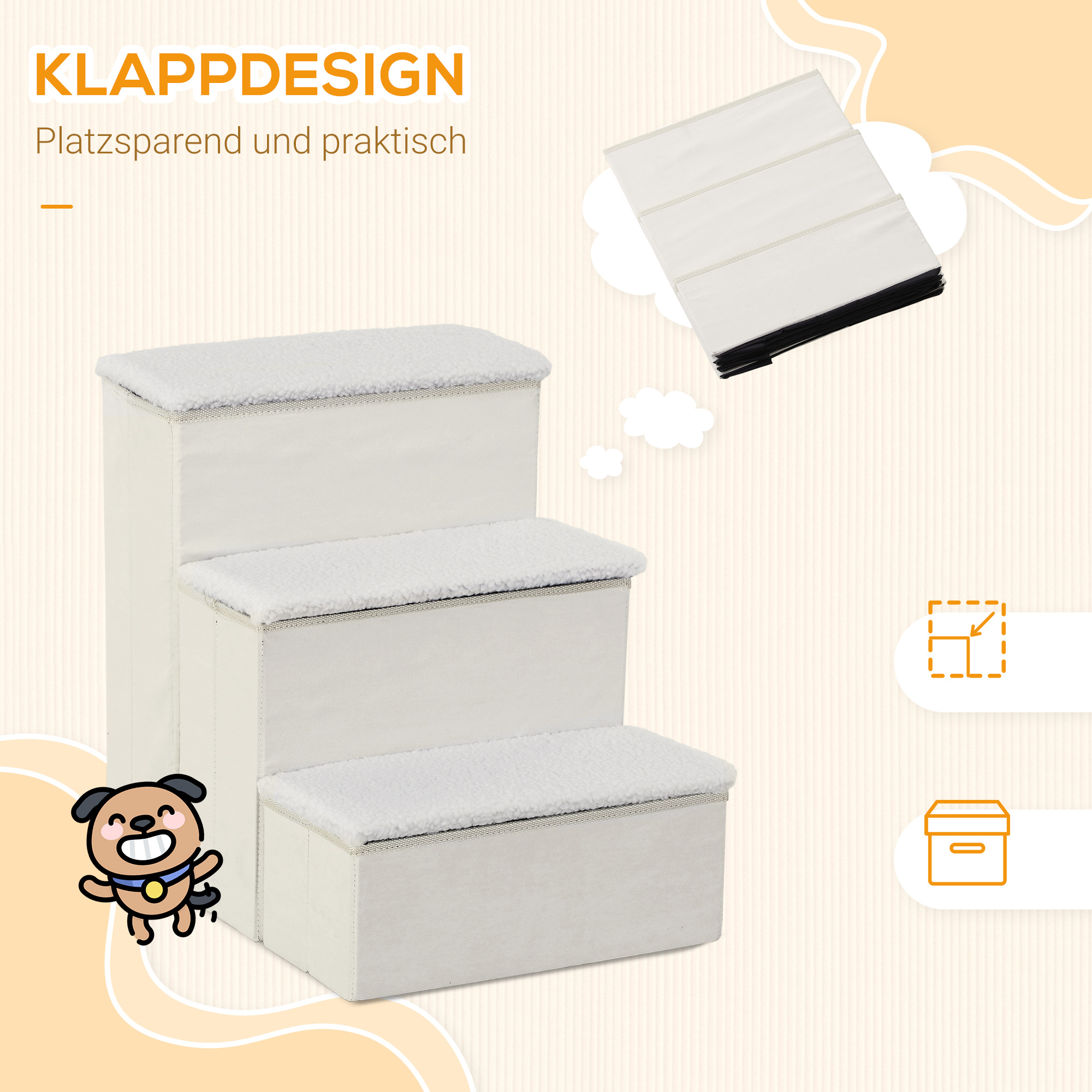 Hundetreppe 3 Stufen 48 cm Hoch Haustiertreppe für kleine und alte Tiere klappbar Katzentreppe Hunderampe Einstiegshilfe für Bett, Sofa, Couch und Auto Weiß
