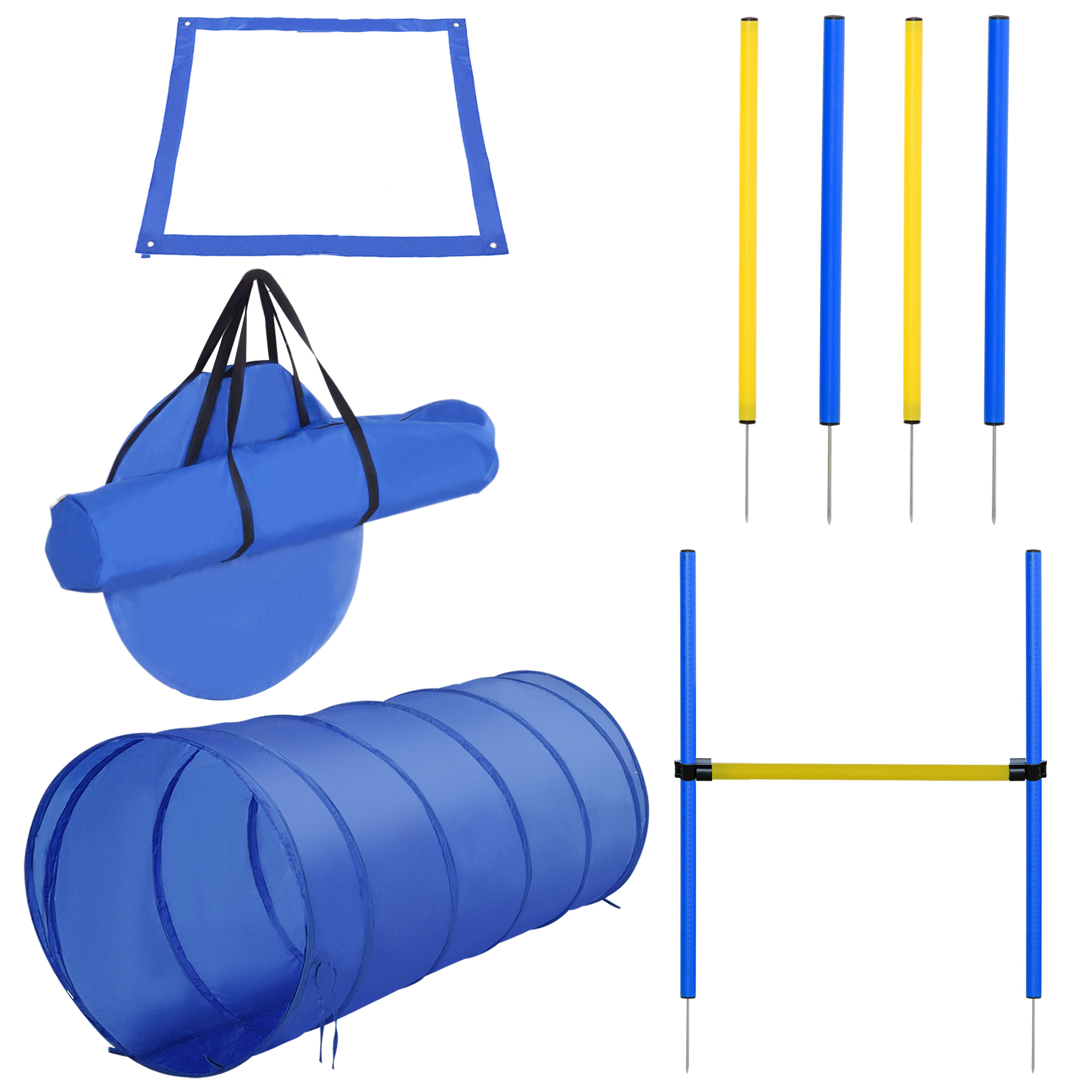 Agility Set Hunde 5-teiliges Agility-Ausrüstung für Hundetraining Steckhürdenset mit Hundetunnel 4 Slalomstangen höhenverstellbar Hürden Pause-Box Tragetasche Agilityset für Spiele Training