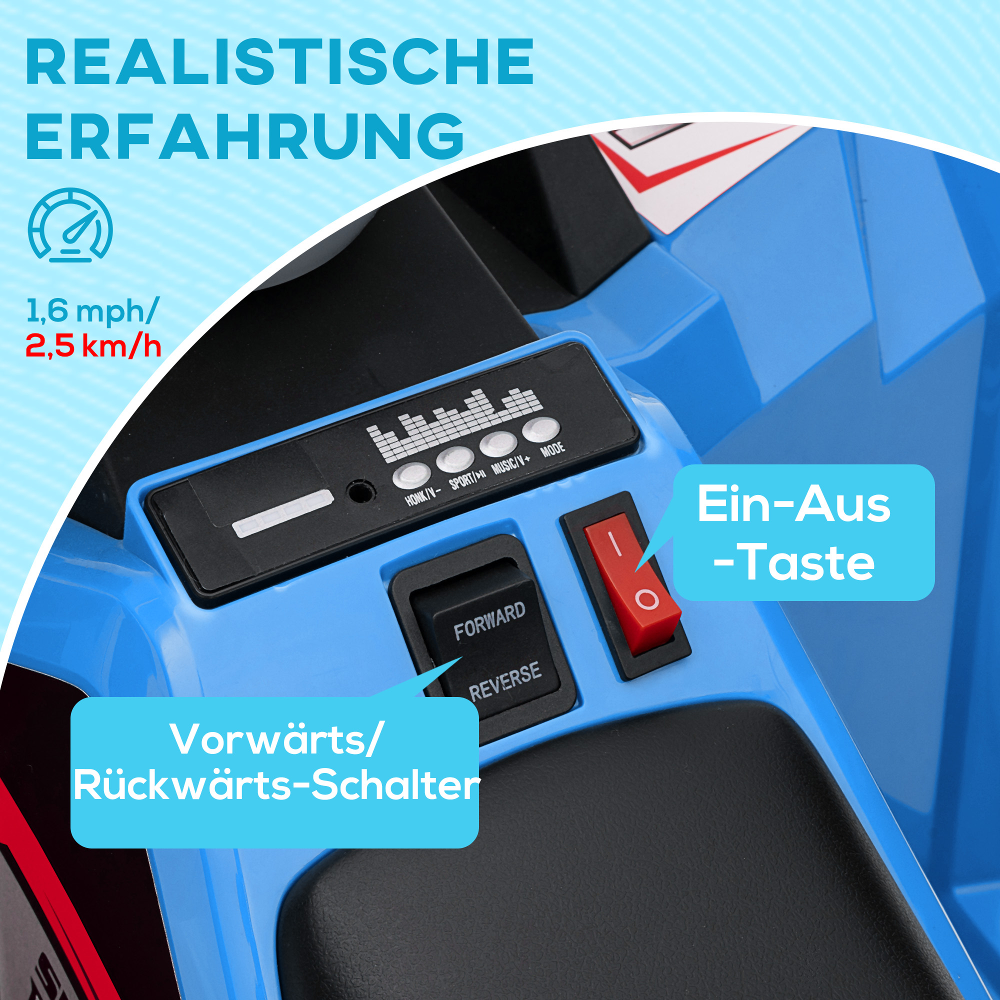 Elektro-Kinderquad, 2,5 km/h, Vorwärts- & Rückwärtsgang, für 18-36 Monate, Blau