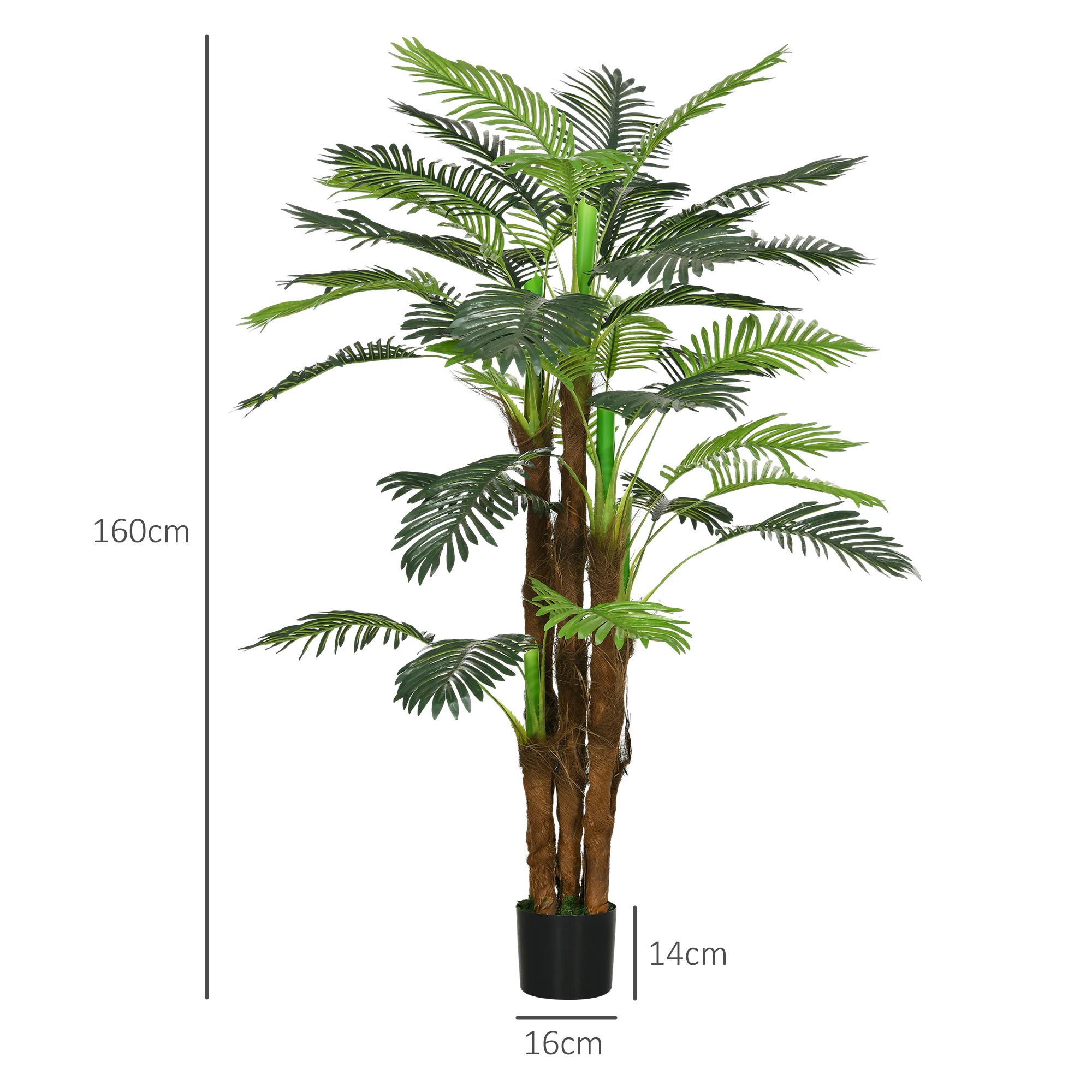 Künstliche Palme, 1,6 m, realistische Zweige, Dekorationspflanze, Kunststoff, mit Topf, Braun+Grün
