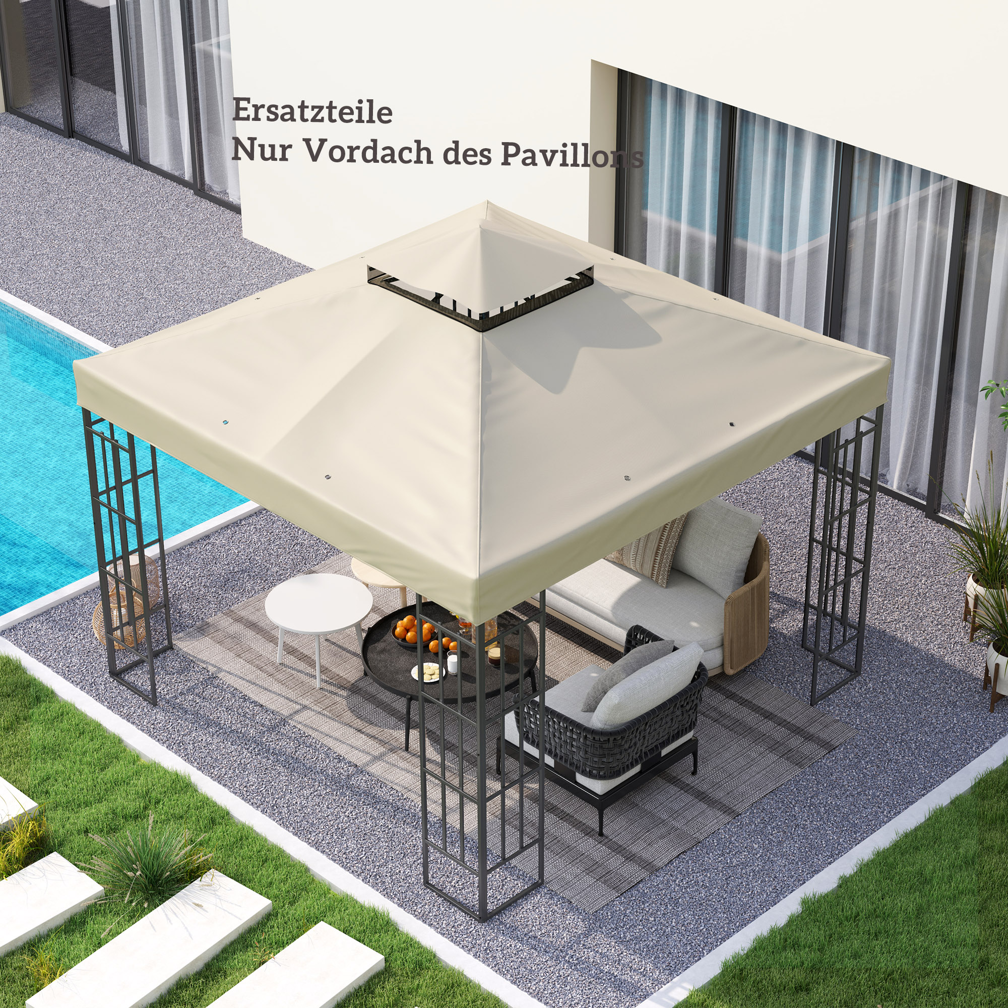 3 x 3 m Ersatzdach für Pavillon, Pavillon-Ersatzplane mit Wasserablauf-Löchern, UPF30+, Sonnenschutz, Cremeweiß