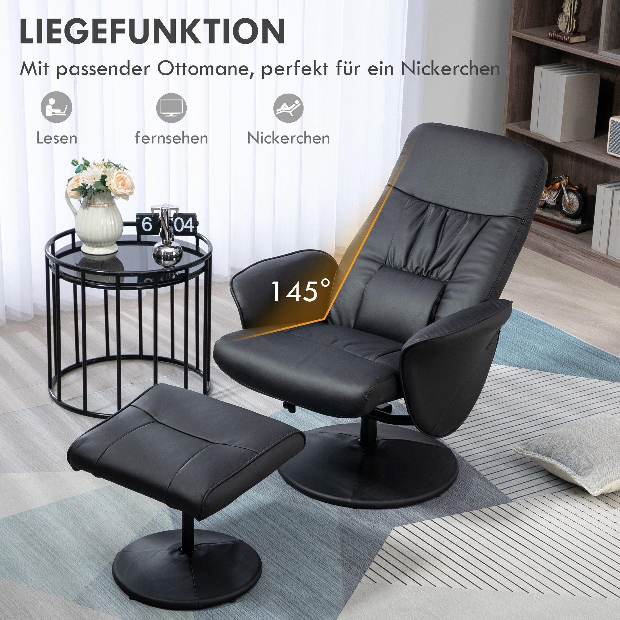 2-teiliges Sessel-Set Sessel mit Fußhocker Relaxsessel mit Fußhocker, höhenverstellbar, neigbare Rückenlehne, Schwarz
