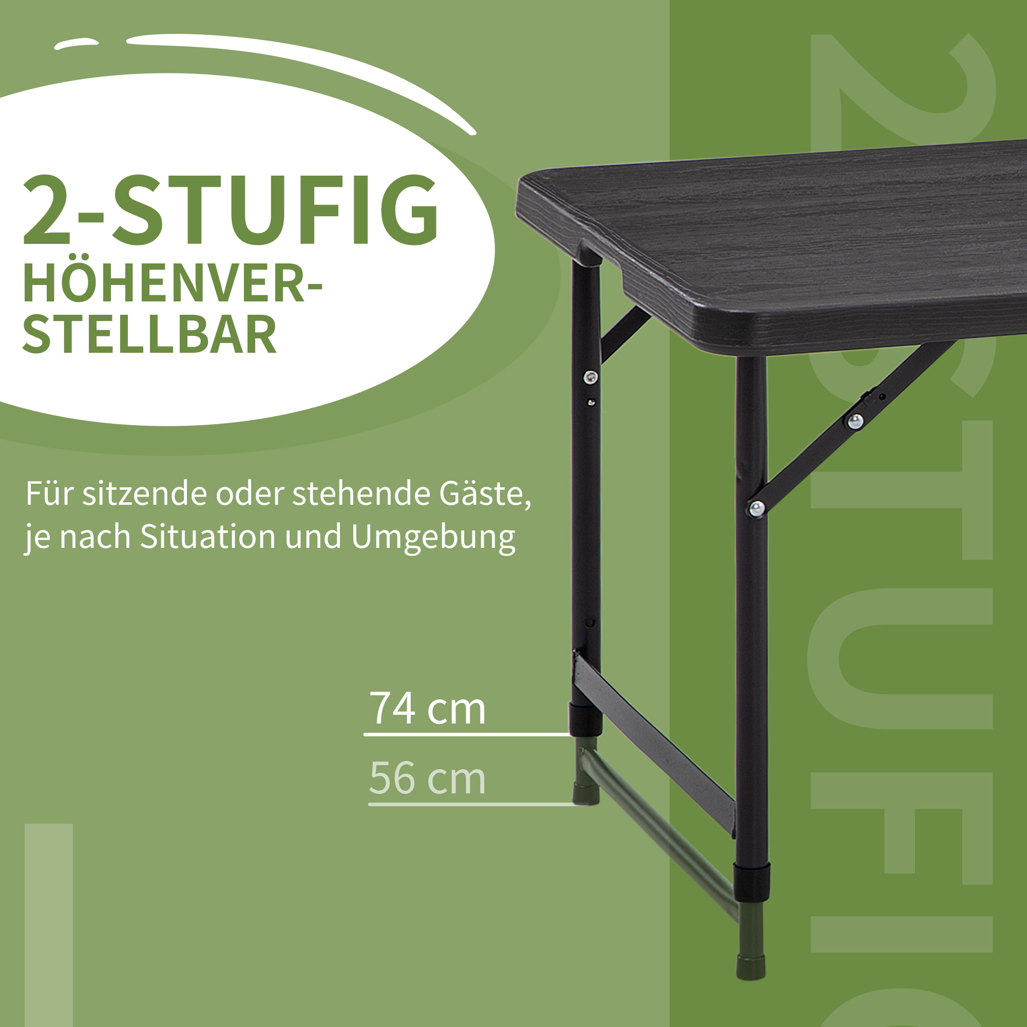 Outdoortisch, Gartentisch, für 4 Pers., klappbar, höhenverstellbar, Holzoptik, grau+schwarz, 118 x 60 x 74 cm