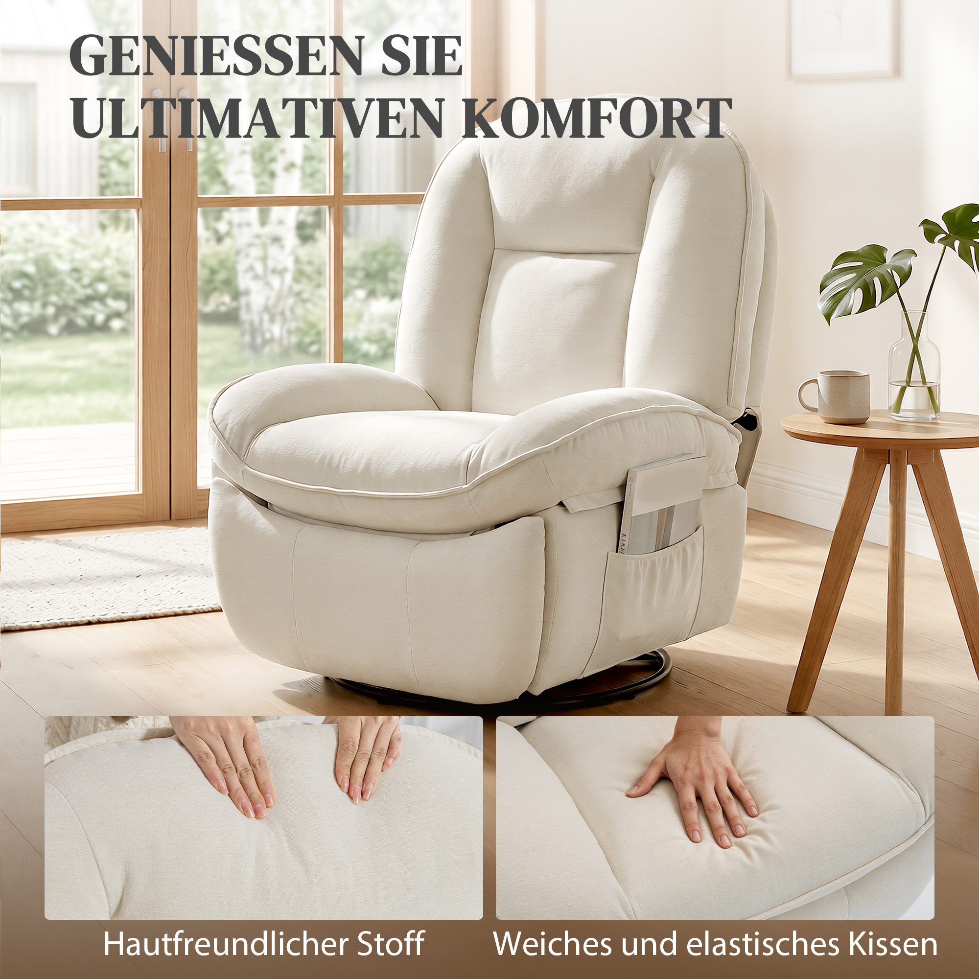 Relaxsessel, Drehbarer Schaukel- und Liegestuhl mit Tiefer Sitzfläche, Dickem Rückenpolster, Einfacher Montage, Creme