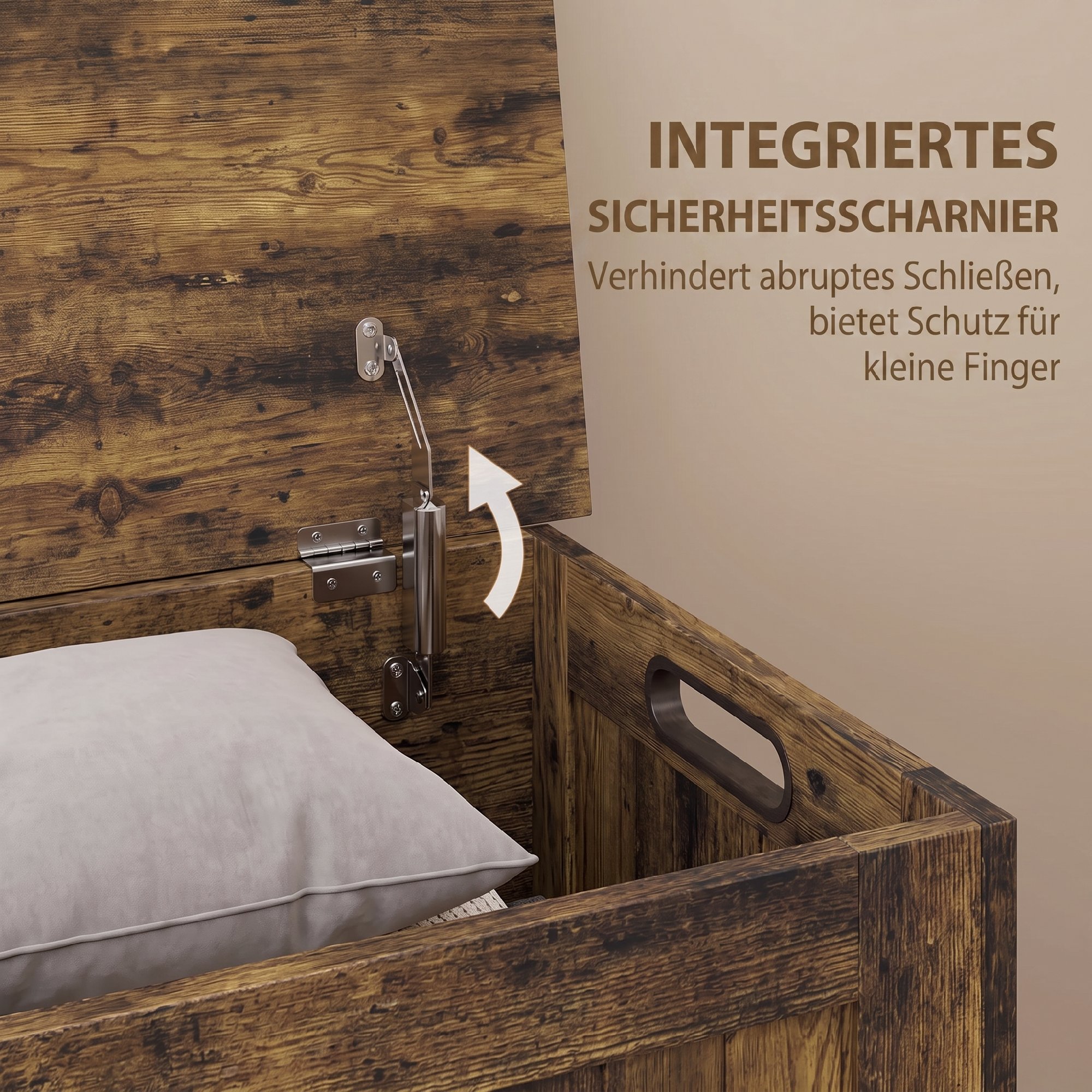 Aufbewahrungstruhe mit Klappdeckel, Spielzeugkiste mit Sicherheits-Scharnieren, rustikales Braun