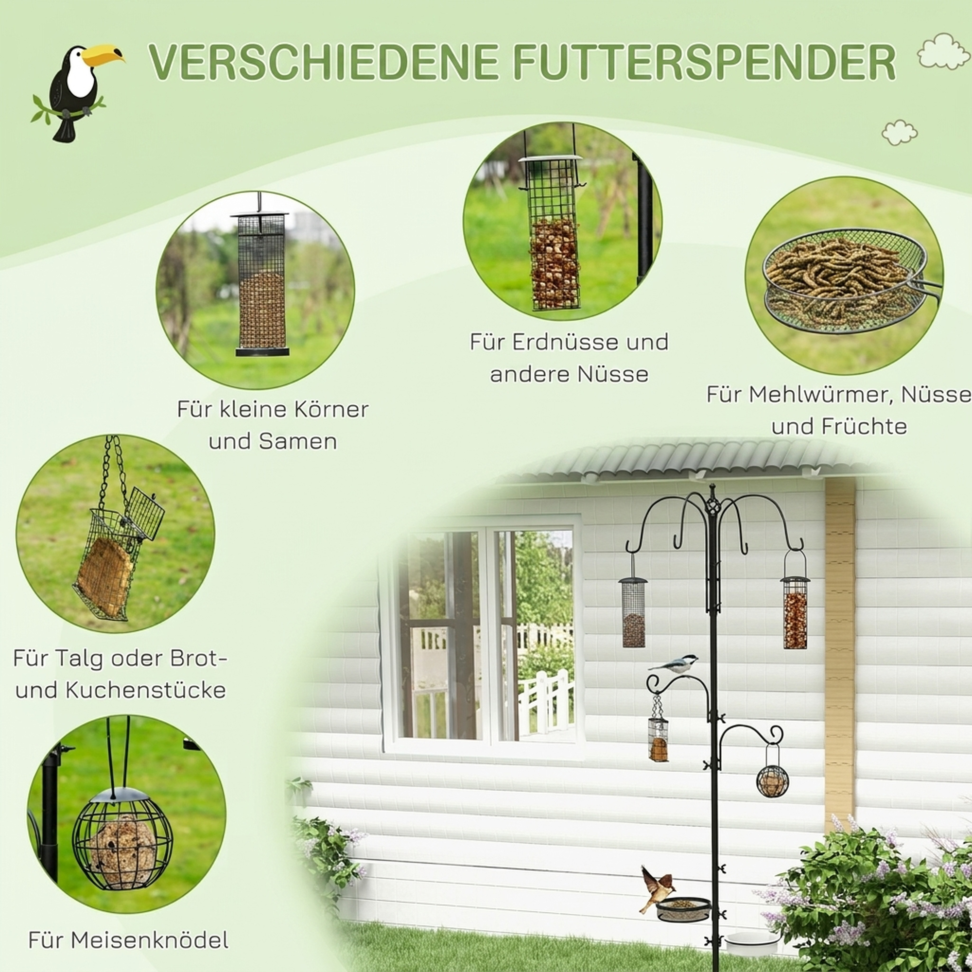 Vogel Futterstation 226 cm Vogelfutterstation mit 6 Haken, 4 hängenden Futterspendern Erdspieß, Freistehend