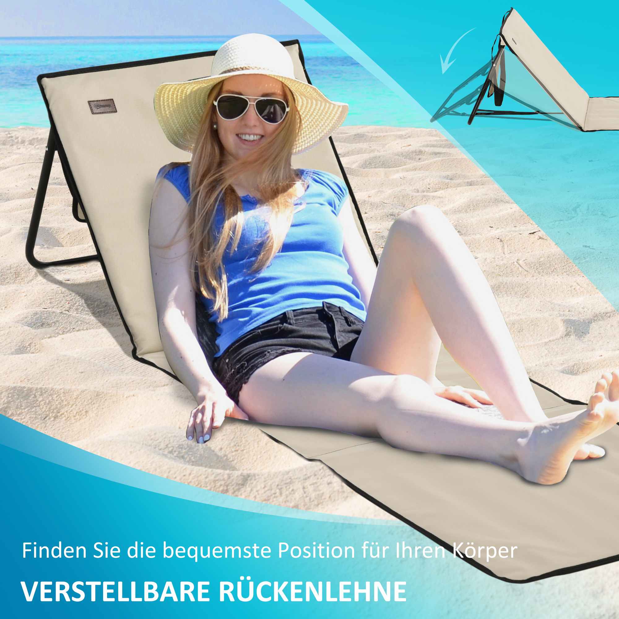 Strandliege, klappbar, verstellbare Rücklehne, Seitentasche, weiche Polsterung, Stahlrahmen, Beige, 142x51x40cm