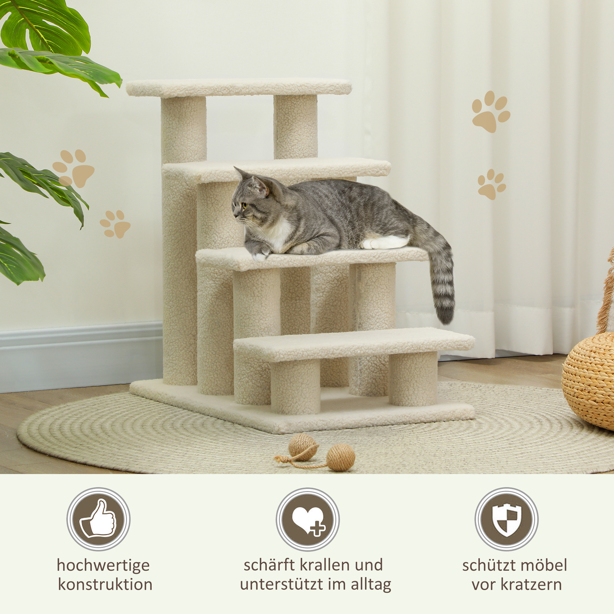 Katzentreppe 4 Stufen Tiertreppe Treppe für Katze Haustiertreppe Hundetreppe aus Plüsch 61 x 41 x 60 cm Cremeweiß