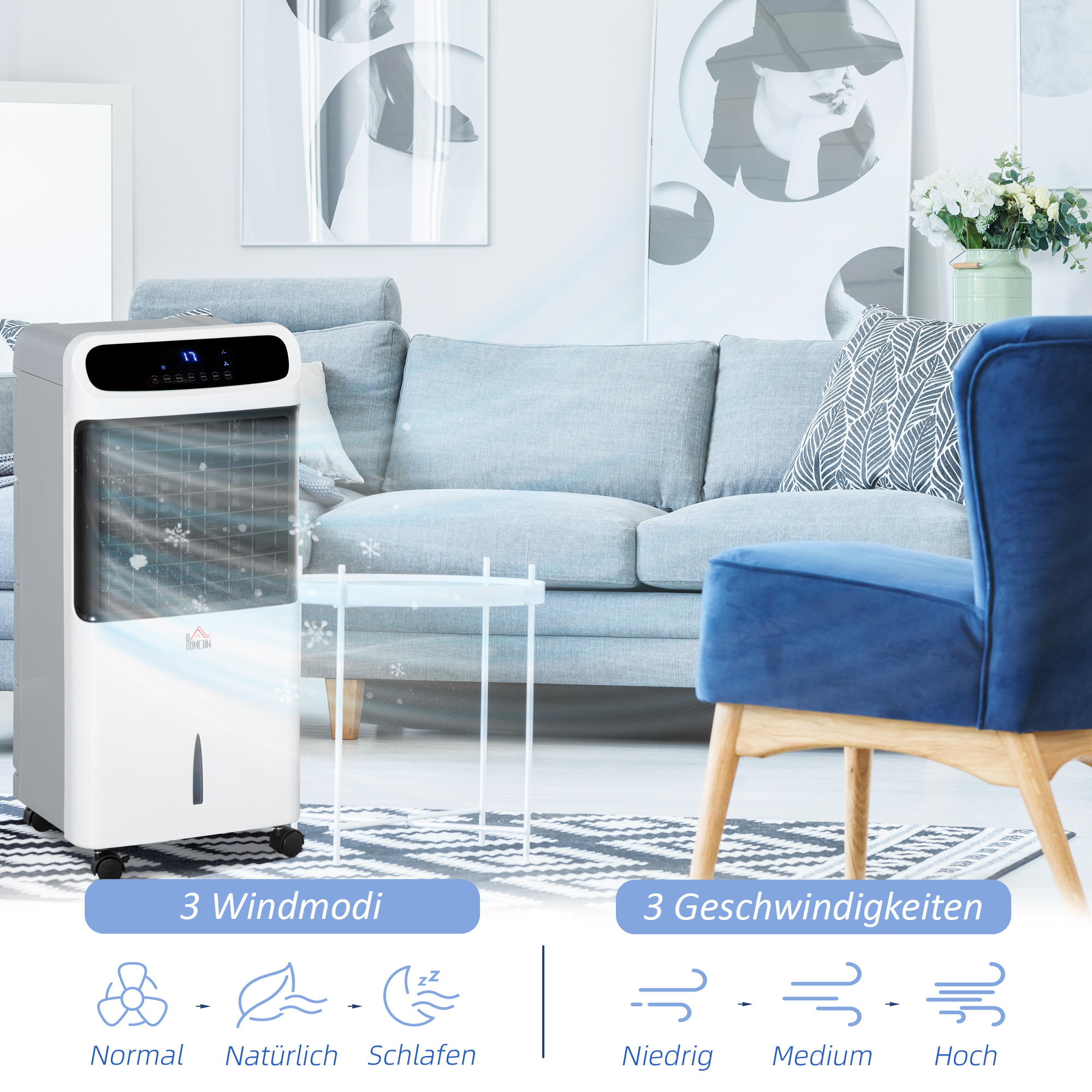 Klimaanlage mit Wasserkühlung Fernbedienung 3 Modi, 3 Geschwindigkeiten, 12 Std-Timer, LED-Anzeige, 38x35x81 cm Weiß