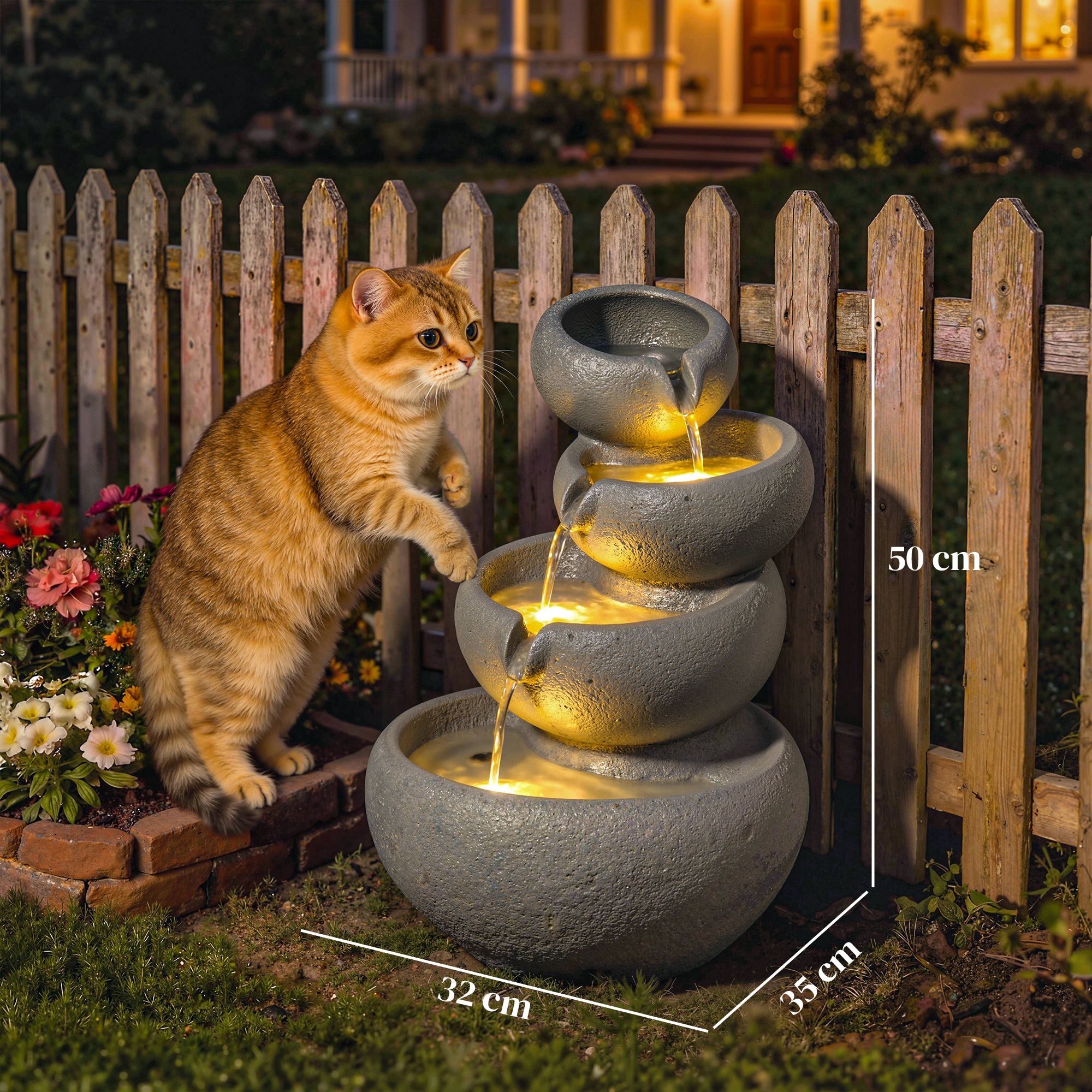 Springbrunnen Outdoor aus Kunstharz 4-stufig Gartenbrunnen mit LED Beleuchtung Pumpe Steinoptik 35 x 32 x 50 cm