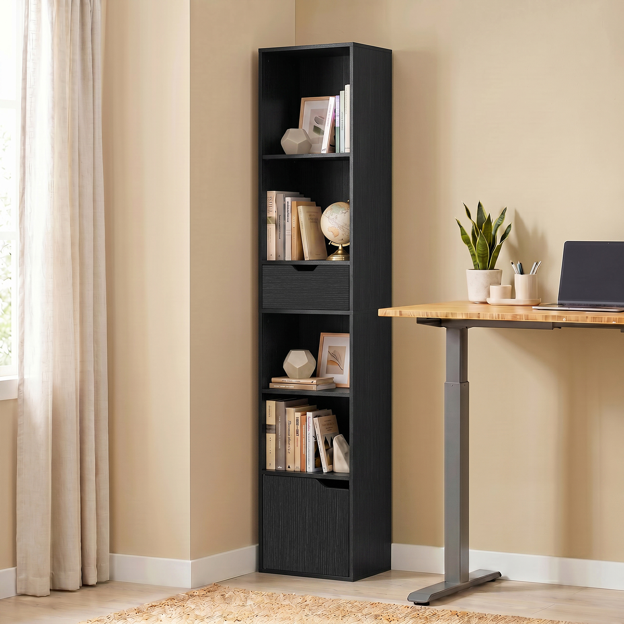 6-fach Bücherregal mit Schublade und verstellbarem Fach, freistehender Aufbewahrungsschrank, 30 x 24 x 158 cm, Schwarz