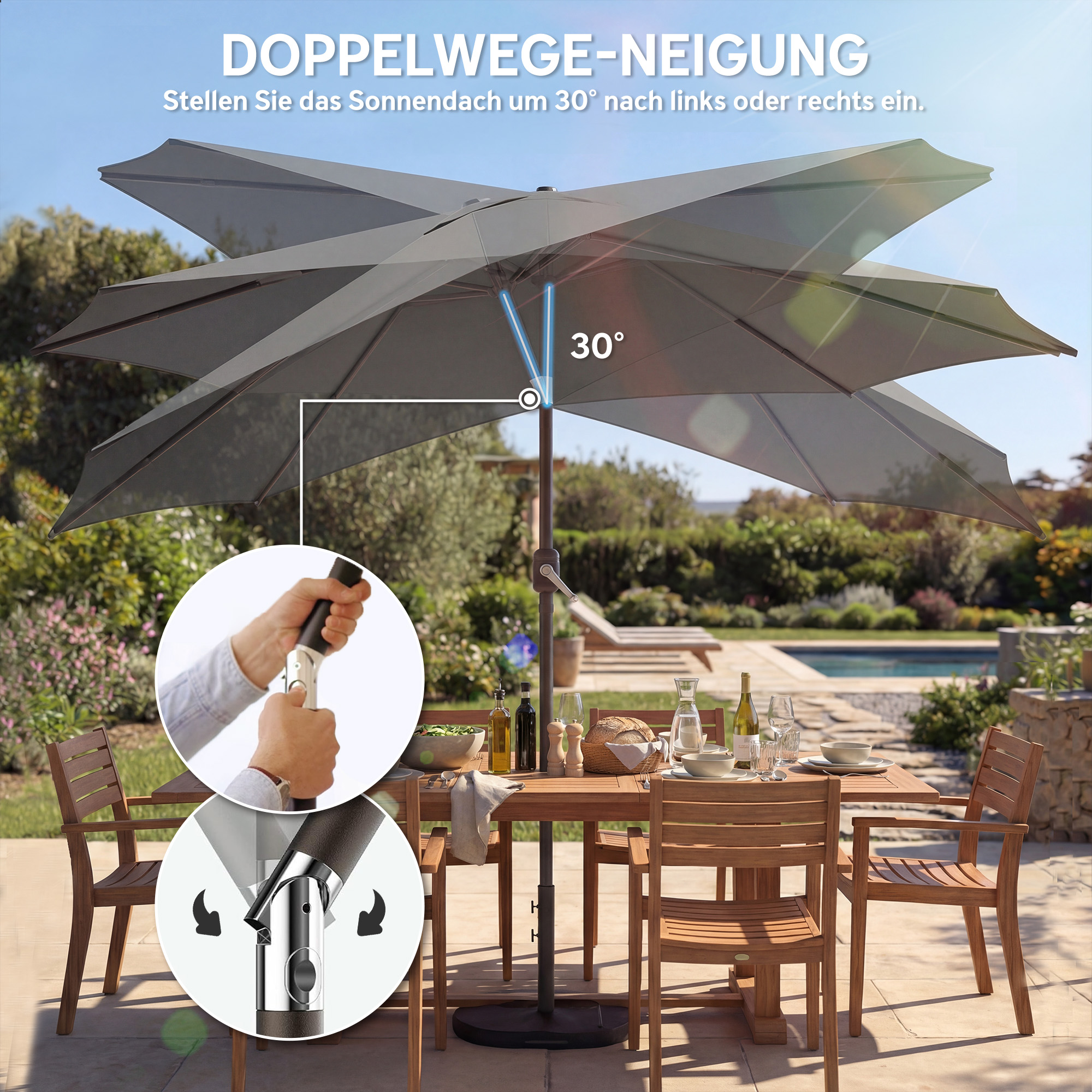 Sonnenschirm ca. Ø300 cm neigbar Balkonschirm mit Kurbel Kreuzfuß Sandsack, UV 30+ Einziehbar Dunkelgrau