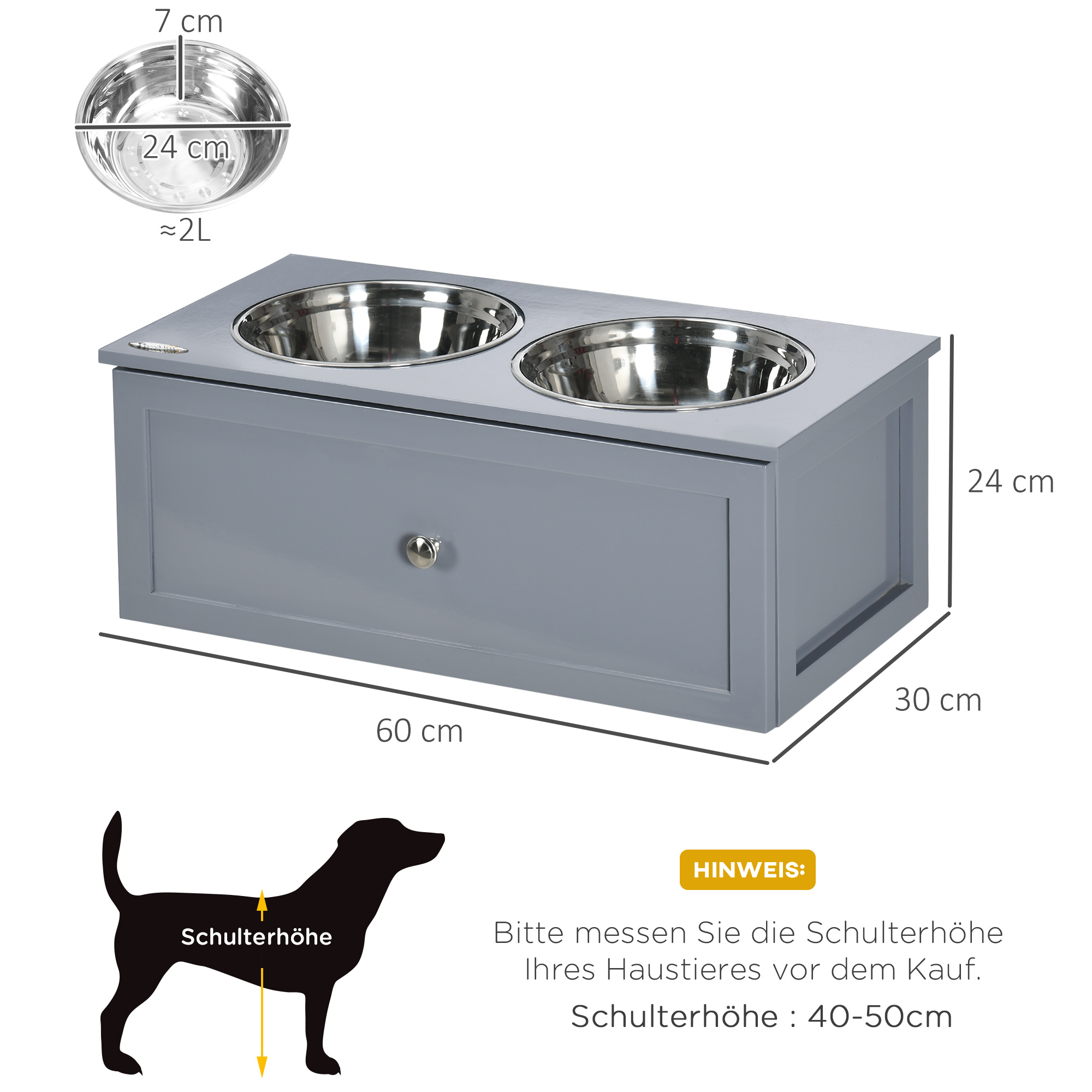 Futterstation, 2 Fressnäpfe je 2 Liter, Edelstahl, mit Schublade, für mittlere Hunde, grau, 60 x 30 x 24cm