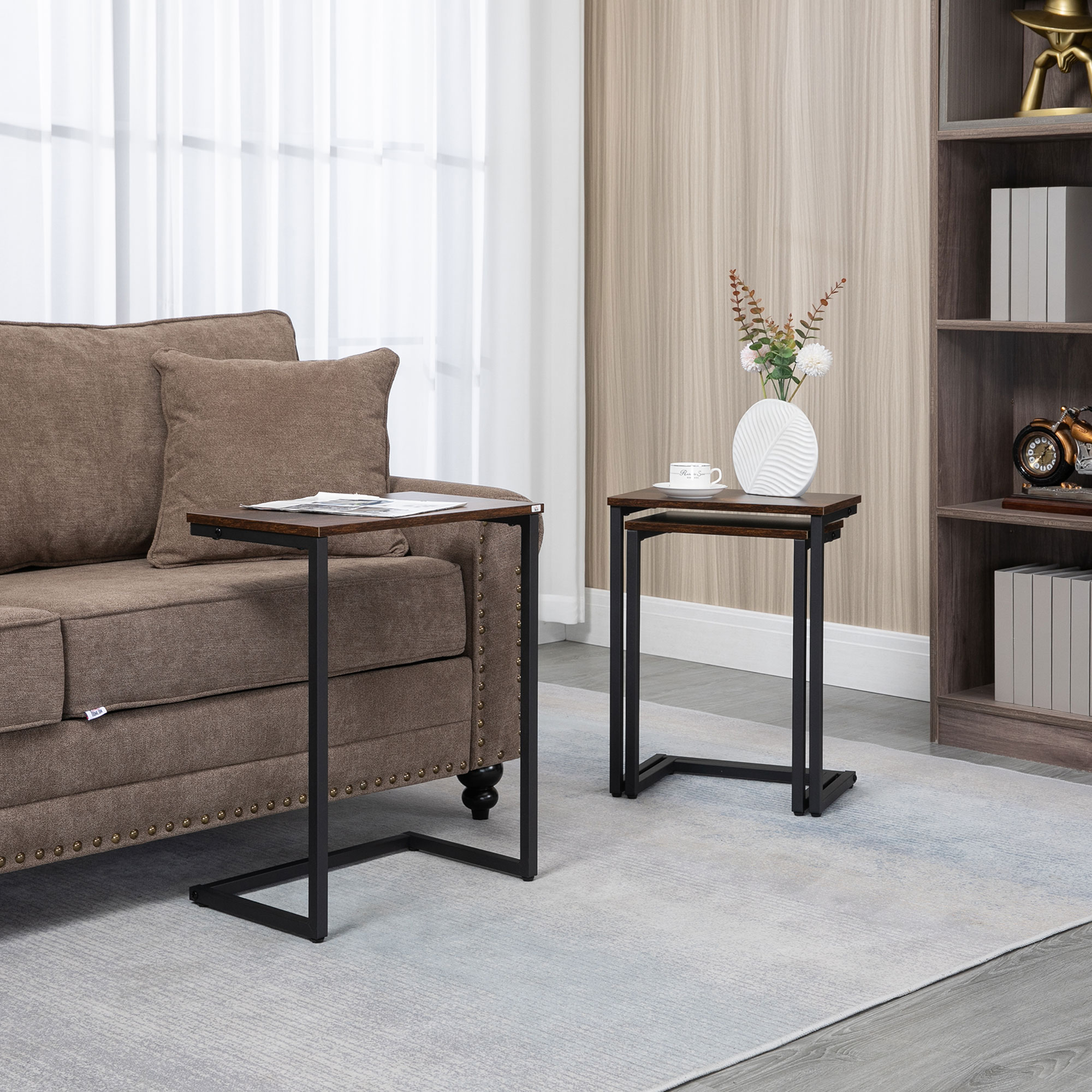 Satztisch, Beistelltisch, 3er-Set, Industrial Design, Stahlrahmen, braun+schwarz, 45 x 30 x 60cm