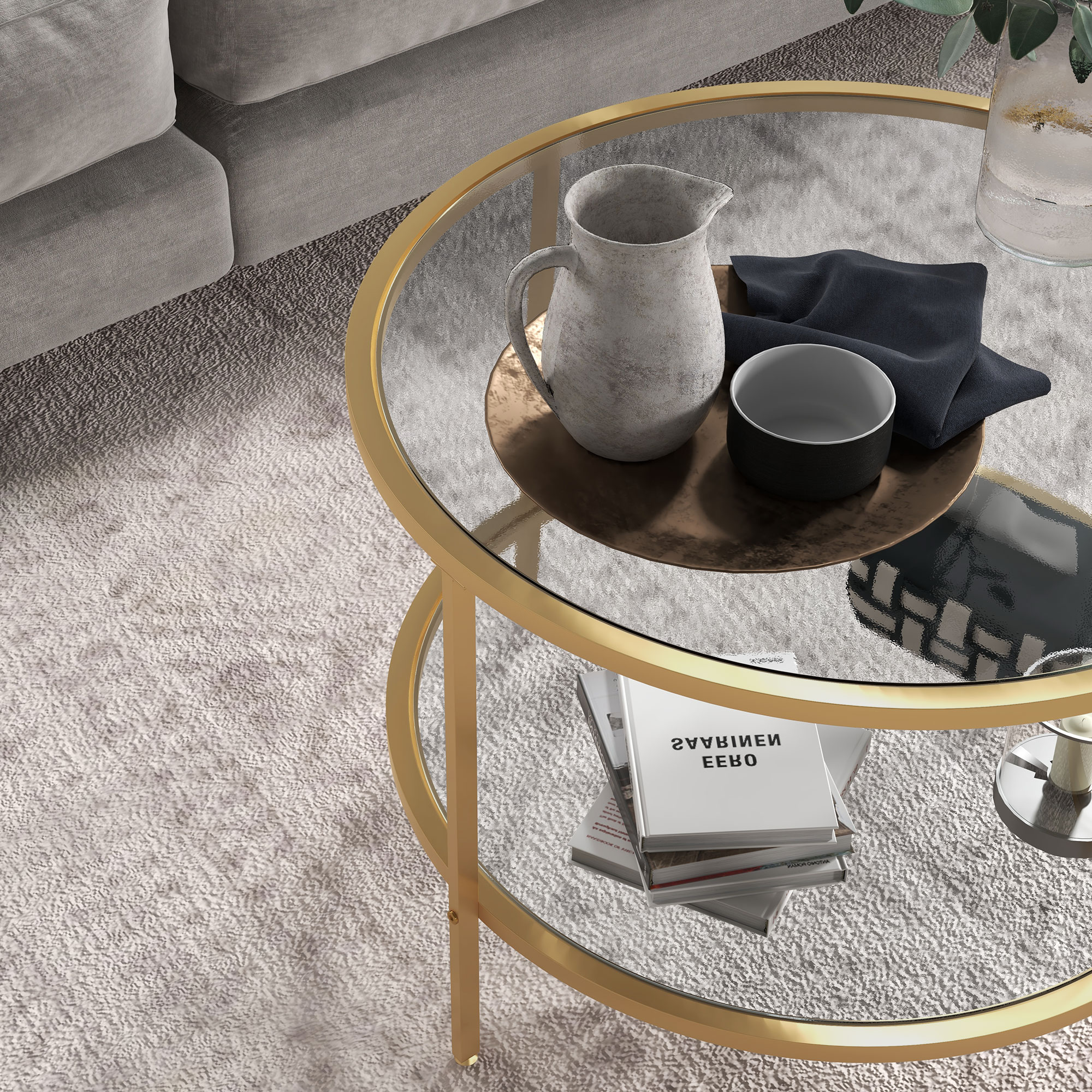 Beistelltisch, modernes Design, 2 Etagen, Ø60x43H cm, Goldton
