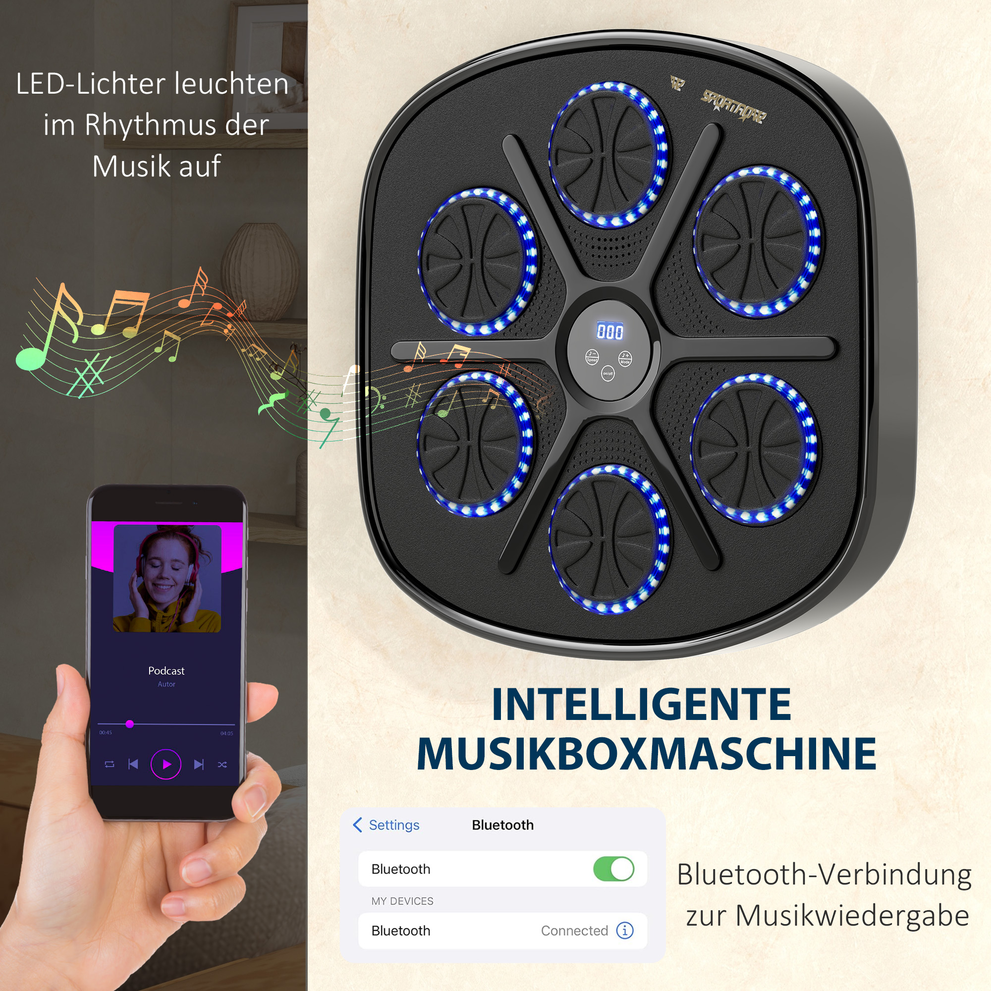 Musik-Boxmaschine, Rhythmisches Boxgerät, 9 Modi, Bluetooth, LED-Lichter, mit Boxhandschuhen, Schwarz