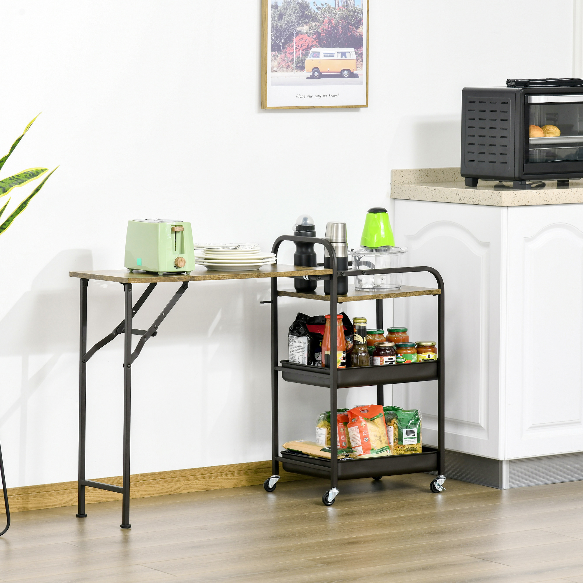 Küchenwagen Küchenrollwagen Servierwagen mit 1 klappbaren Tischplatte 2 Tabletts und 1 offenes Regal Rollen Verstellbare Fußpolster E1-Spanplatte Metall Rustikal-Braun 118 x 36,5 x 82 cm