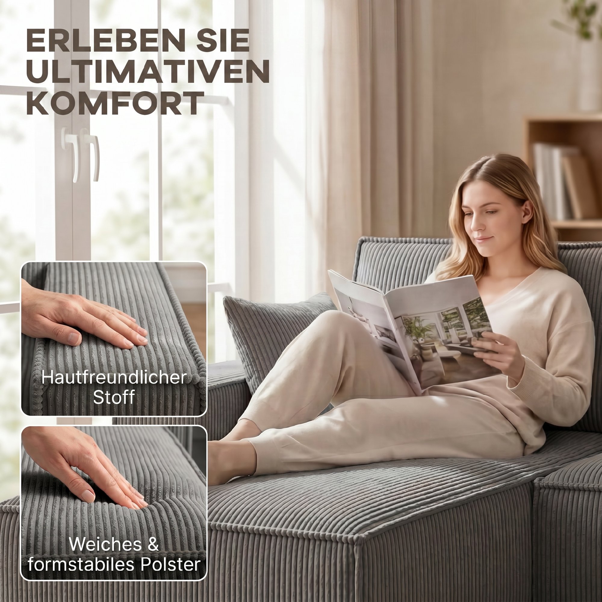 Ecksofa mit Doppel-Chaiselongues, U-förmiges Sofa aus Cordstoff mit breitem und tiefem Sitz, Federkernkissen, Hellgrau