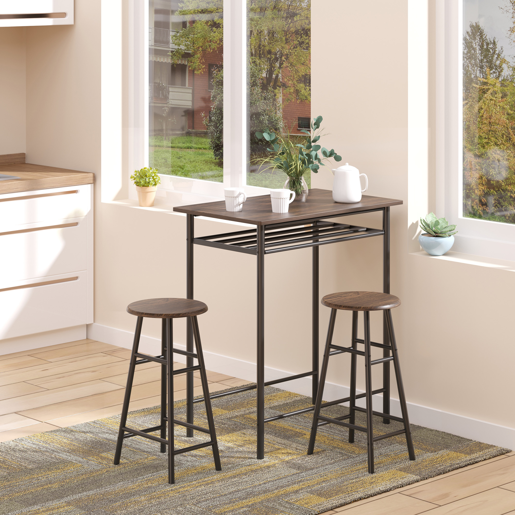 Bargarnitur, 3-teilig, Tisch & 2 Hocker, Regal, Industrie-Design, Schwarz/Eiche