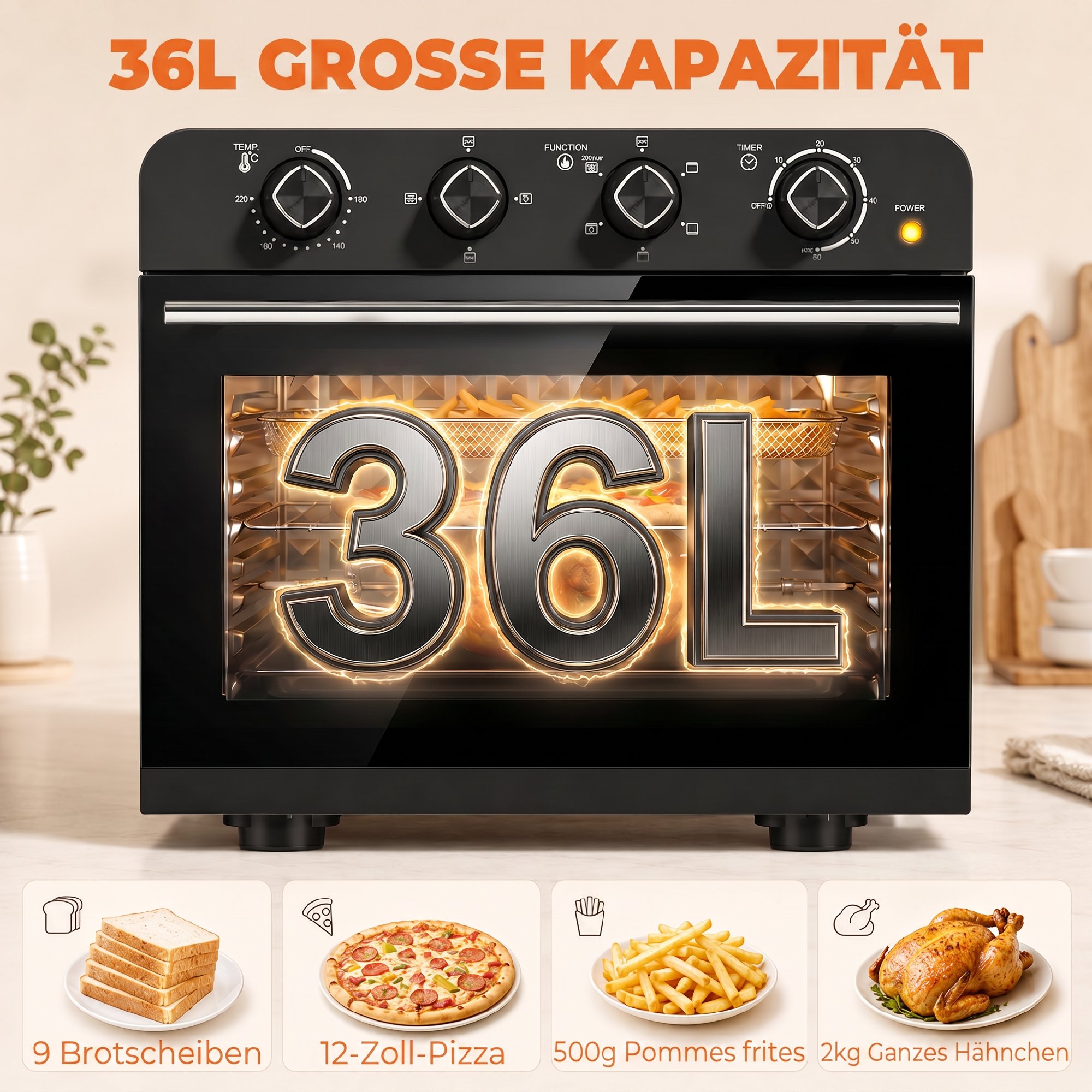 Heißluftfritteusen-Backofen mit Umluft und Drehspieß-Set, Temperaturregler, Timer, 1800 W