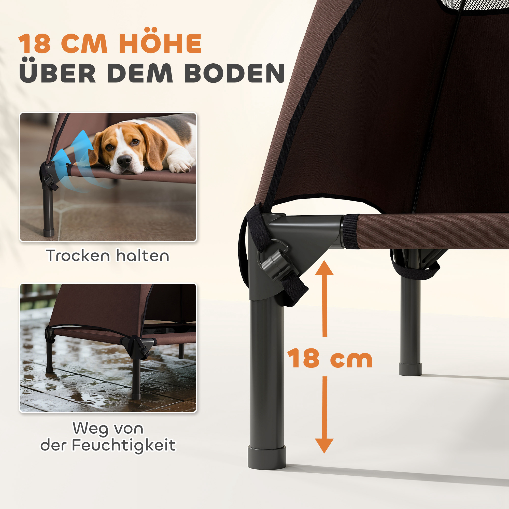 Hundeliege Outdoor mit Dach, erhöhtes Hundebett für Mittelgroße Hunde, 76 x 61 x 71cm, Kaffee