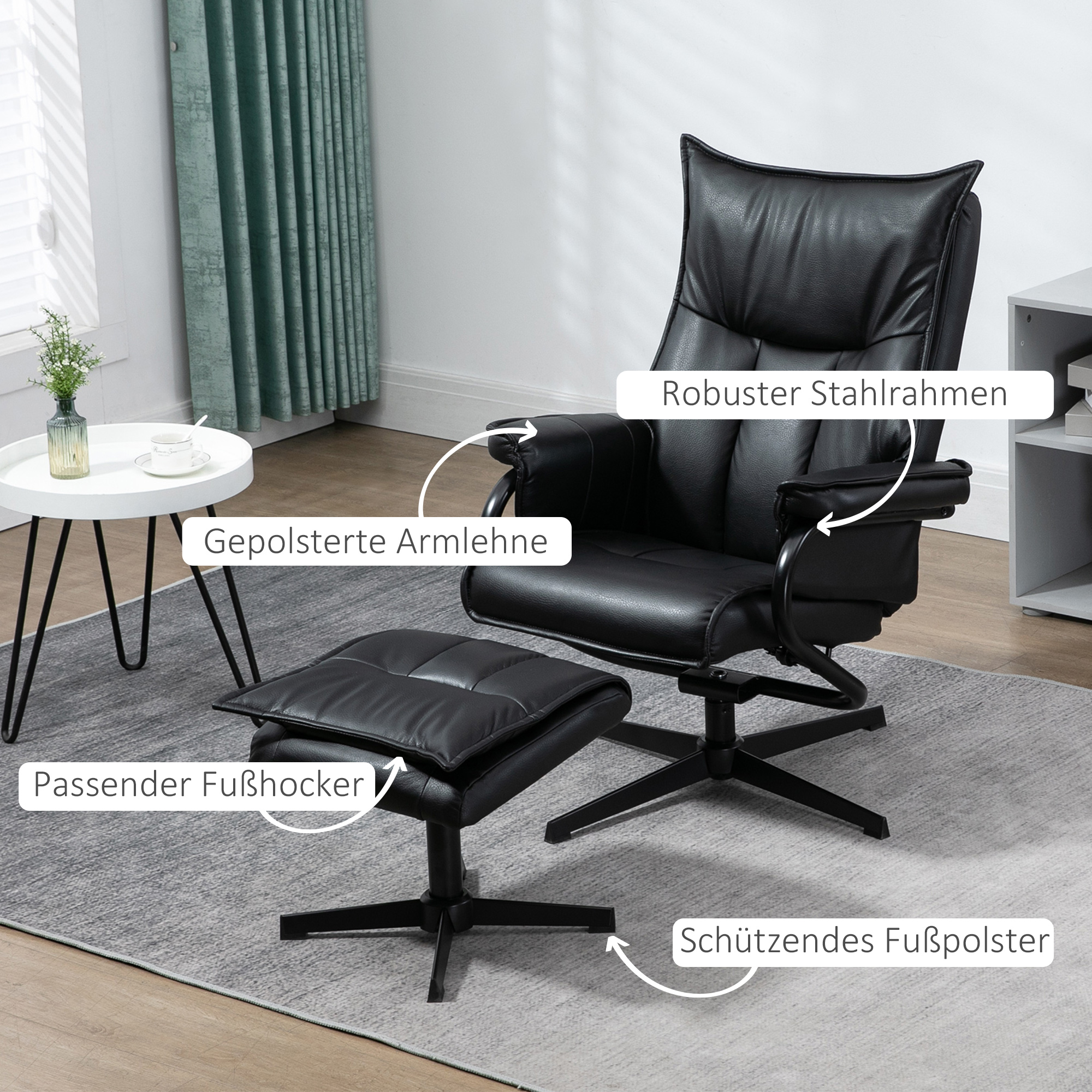 Relaxsessel mit Hocker, drehbar, neigbare Rückenlehne, Stahlrahmen, schwarz