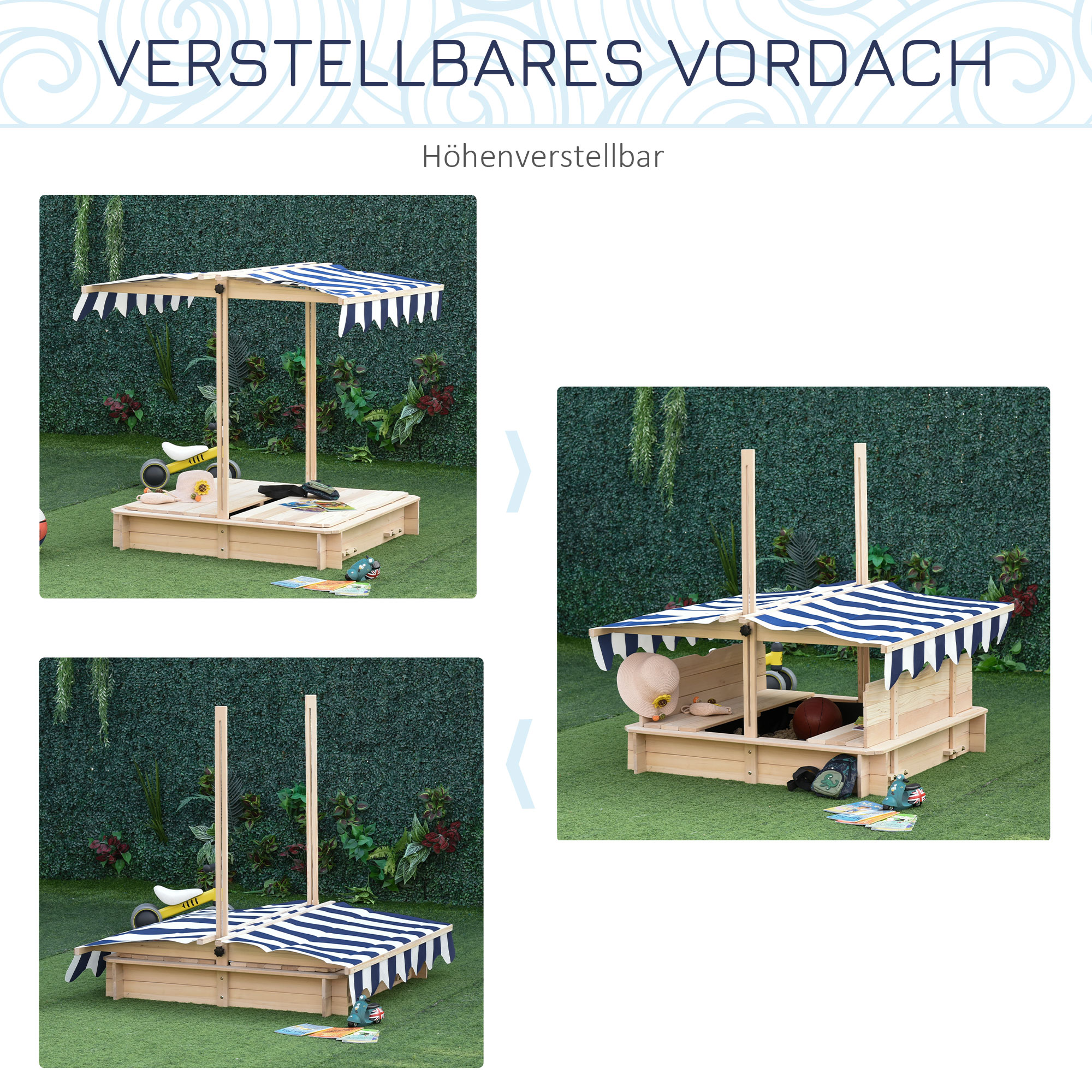 Sandkasten 106x106 cm Kinder Sandbox mit höhenverstellbar Abdeckung, Sandkiste aus Holz mit Sitzbänken Rücklehnen für Outdoor Garten Terrasse Balkon