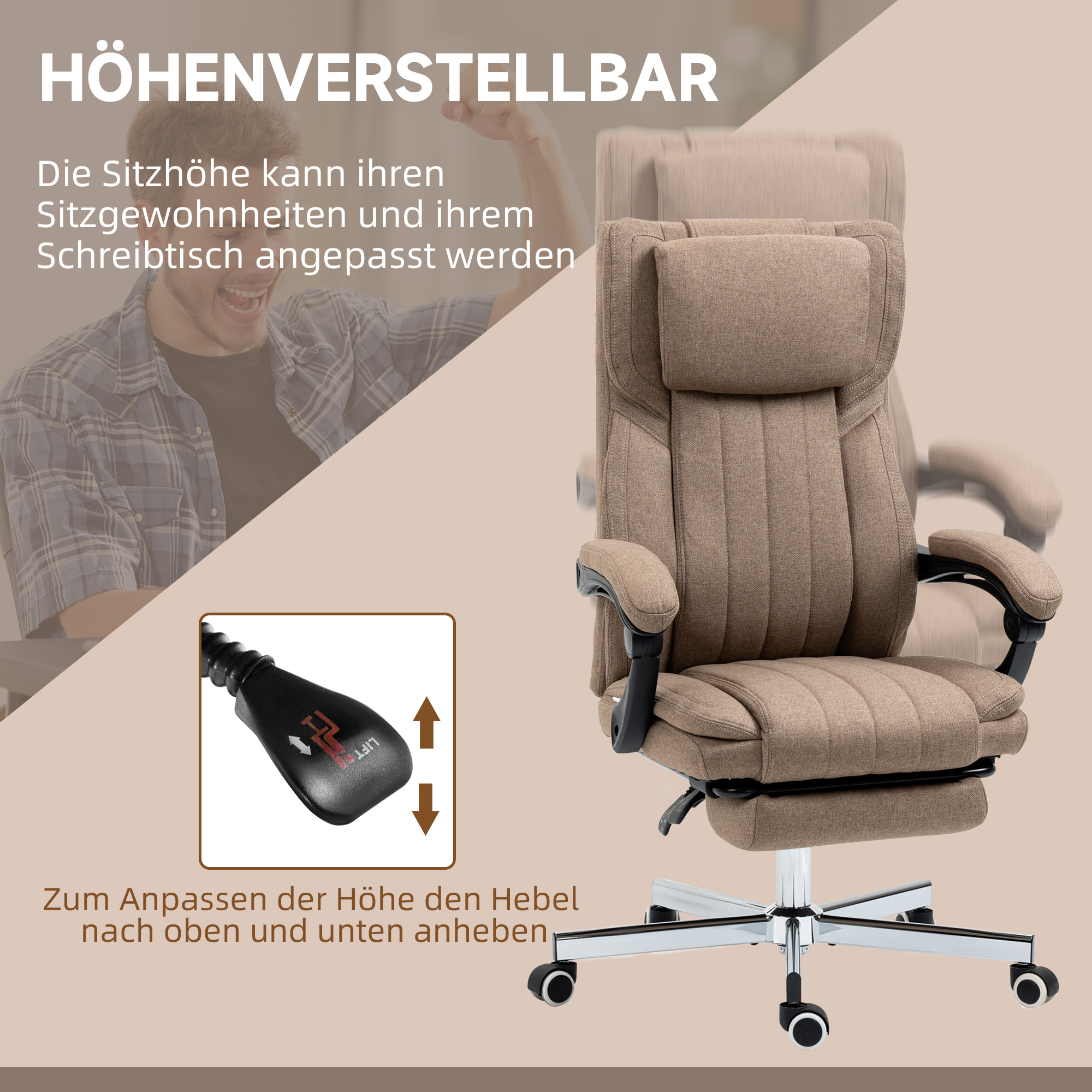 Bürostuhl mit Massagefunktion, neigbare Rücklehne, ausziehbare Fußstütze, Leinenoptik, 65 x 61 x 118 cm, Braun