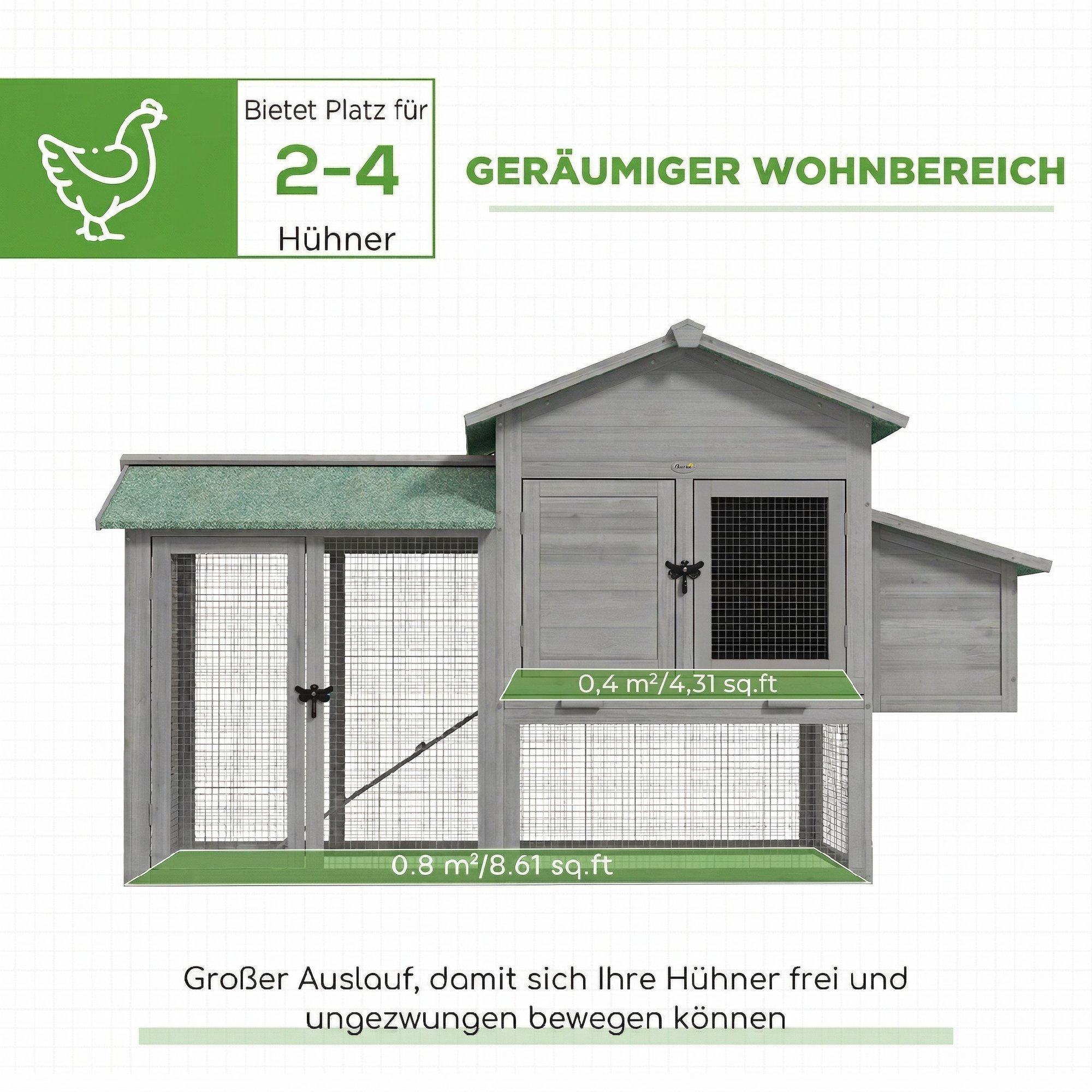 Hühnerstall Holz Hühnerhaus mit Freilaufgehege Nistkasten Rampe herausziehbarem Tablett für 2-4 Hühner 168x75x103cm Grau