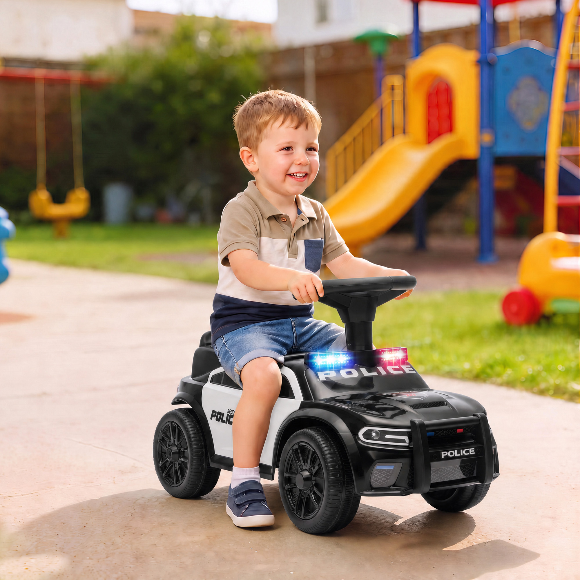 Rutschauto Kinder Polizei Rutschfahrzeug mit Musik Licht Anti-Kipp-Schutz & Stauraum unter dem Sitz 18-36 Monate Schwarz