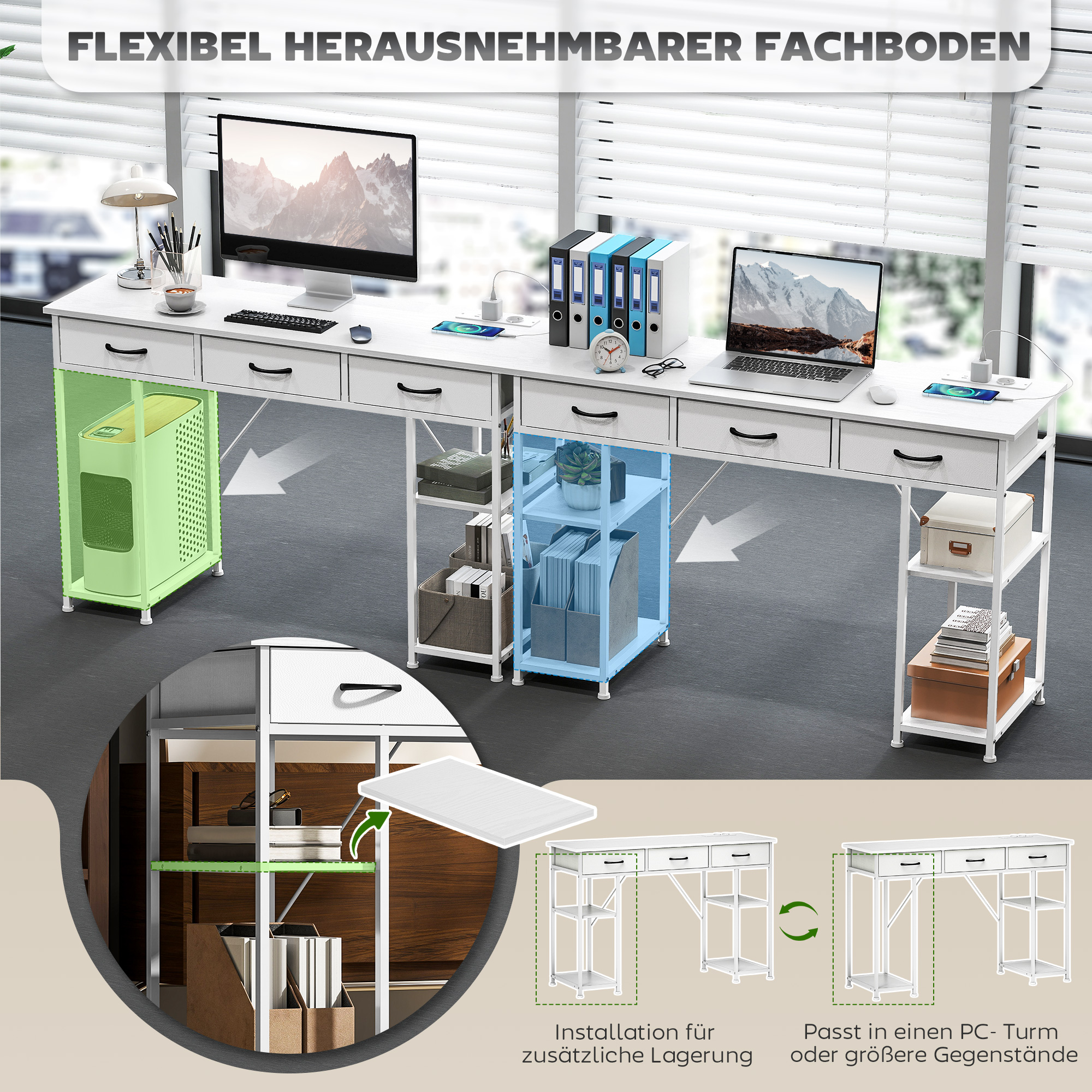 Schreibtisch Küchentisch mit 2 USB-Ladeanschlüssen 2 Steckdosen verstellbare Regale 3 Stoffschubladen 120x40x76 cm Weiß