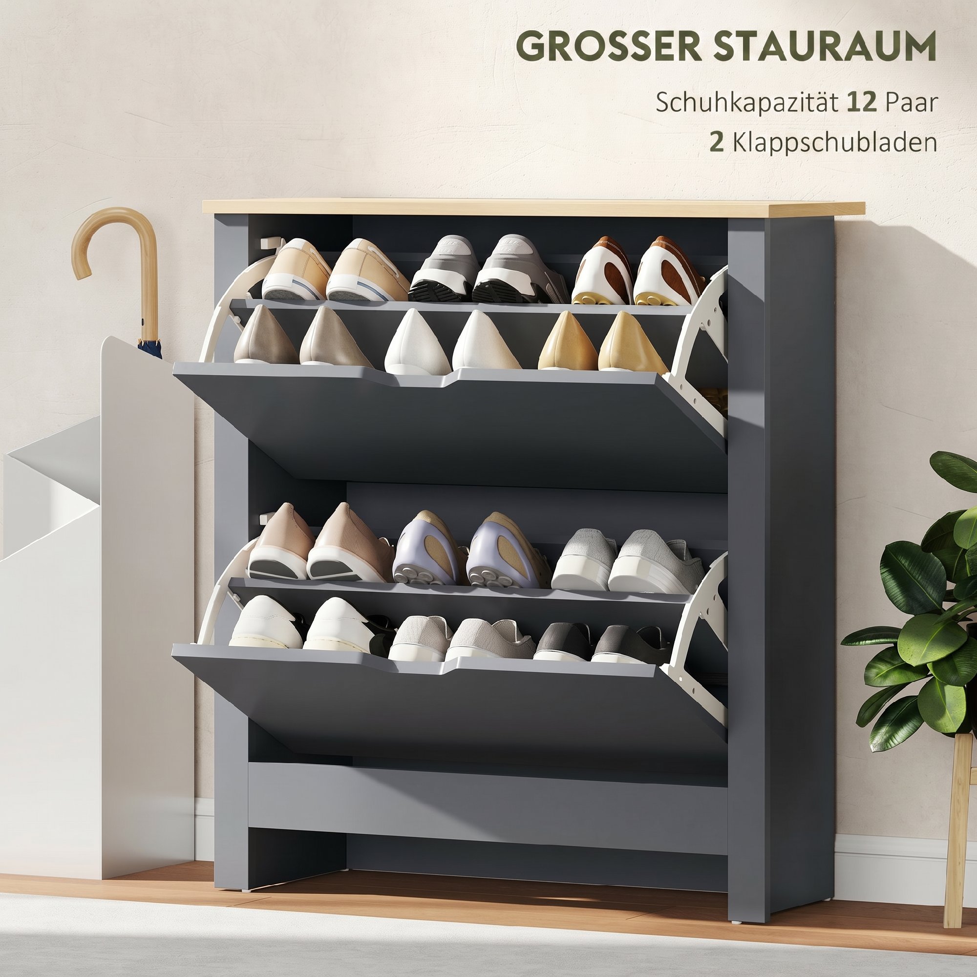 Schuhschrank mit 2 Klappfächern, verstellbar Trennwand für 8-12 Paar Schuhe, 72 x 26 x 80 cm, Dunkelgrau