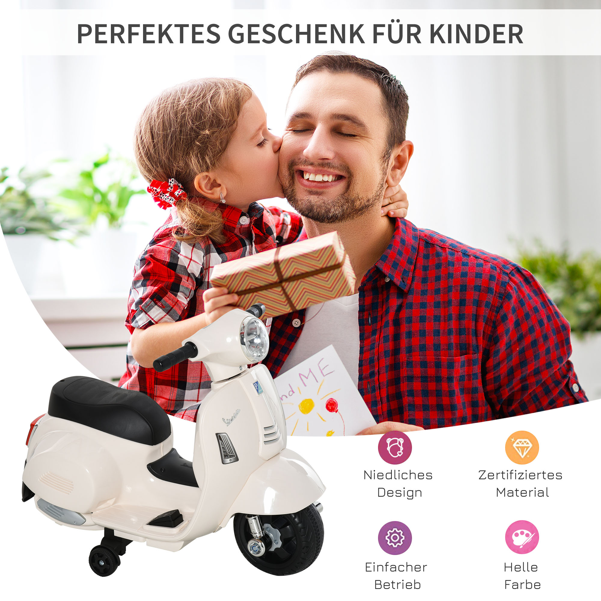 Kindermotorrad Vespa mit LED-Licht, Sound, für Kinder von 18-36 Monate, weiß