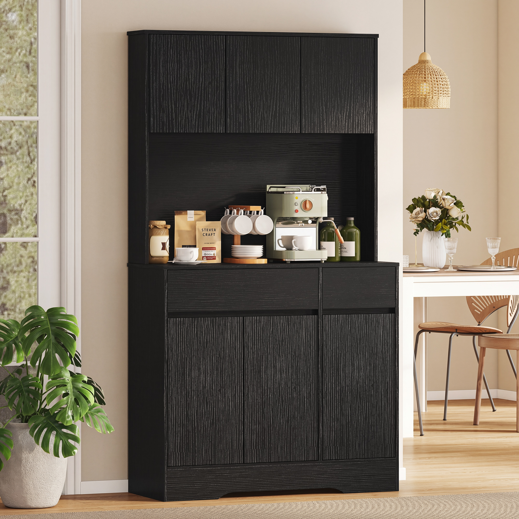 Buffet-Küchenschrank mit Arbeitsplatte, 6 Türen, hoher Stauraumschrank mit Regalen, Schwarz