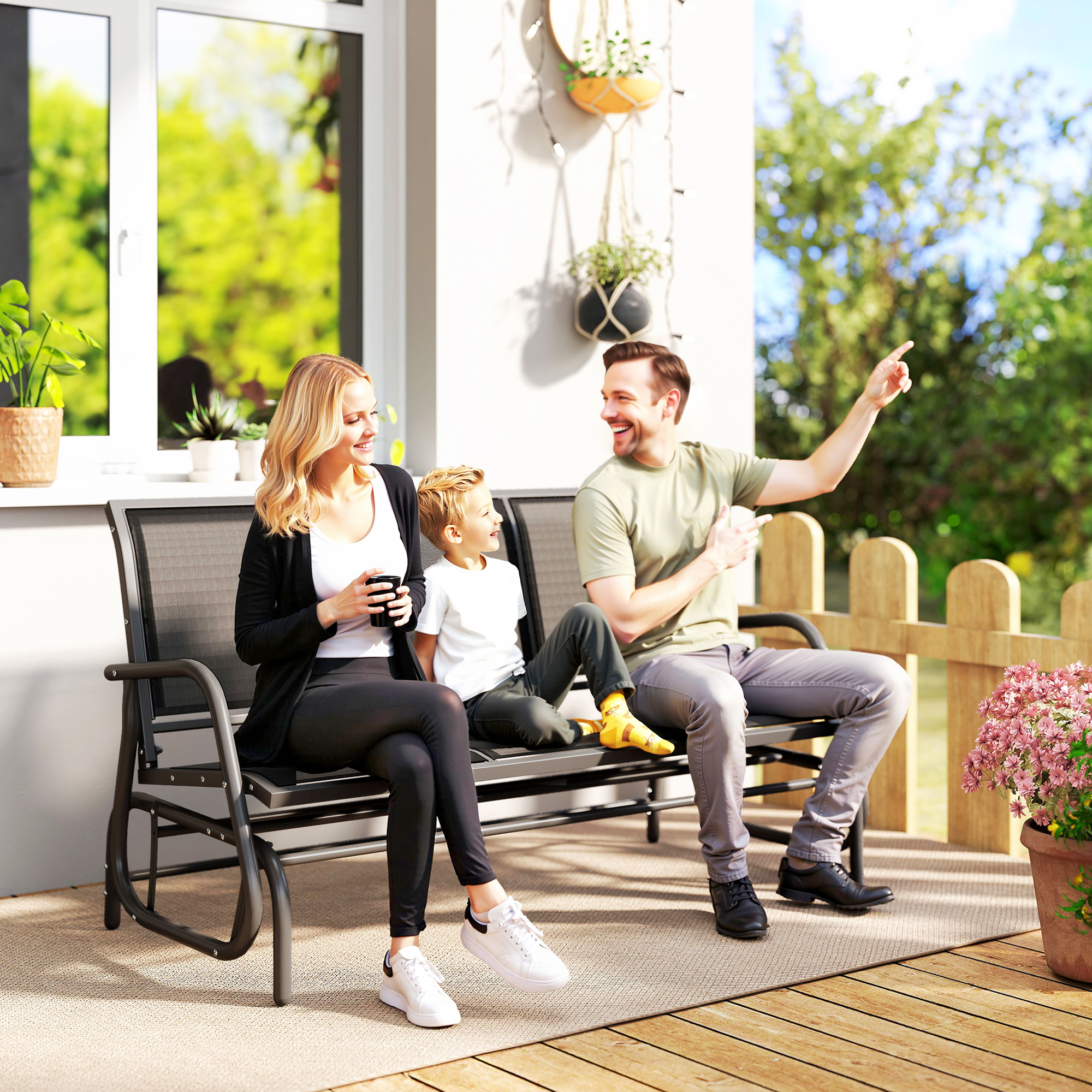 3-Sitzer Schaukelstuhl Gartenbank mit Schaukelmechanismus Gartenschaukel Sitzbank aus Metall Parkbank bis 300 kg belastbar Gartenmöbel für Garten, Terrasse, 147 x 70 x 85 cm Dunkelgrau