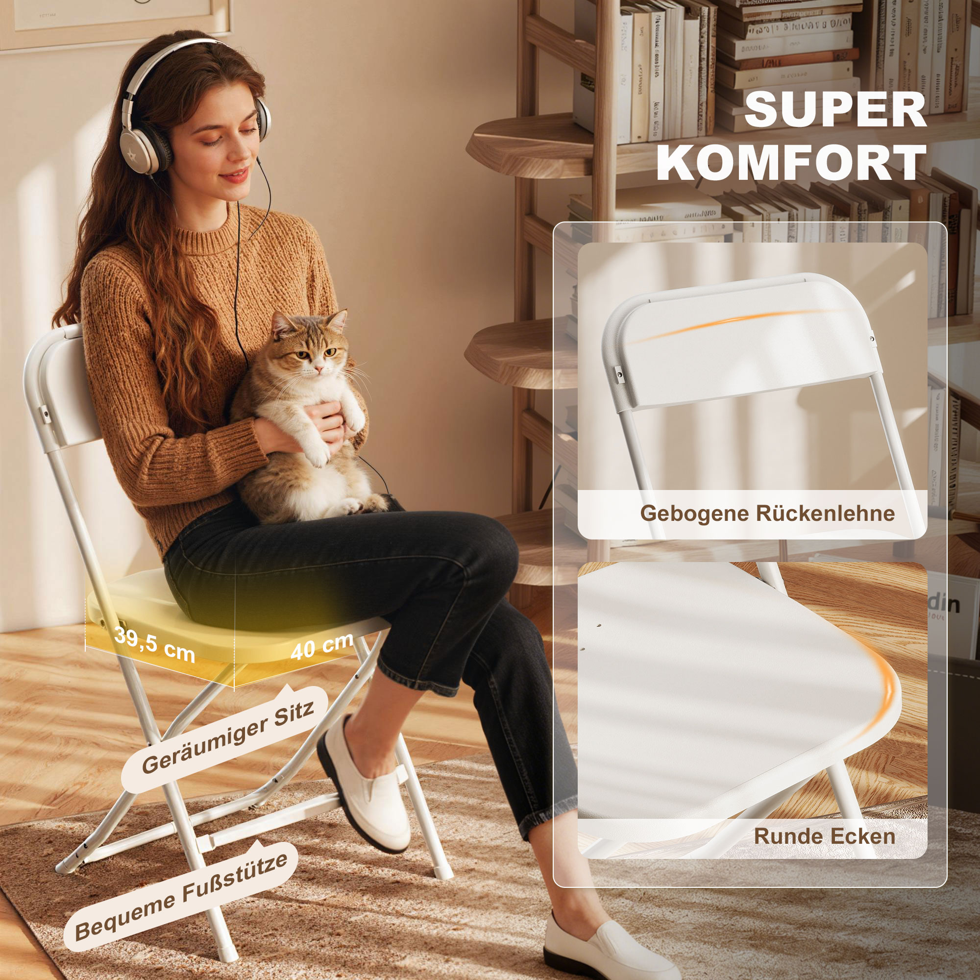 6er-Set Klappstühle, faltbare Stühle mit Ablauflöchern, Stahlrahmen, vielseitig einsetzbar, Weiß