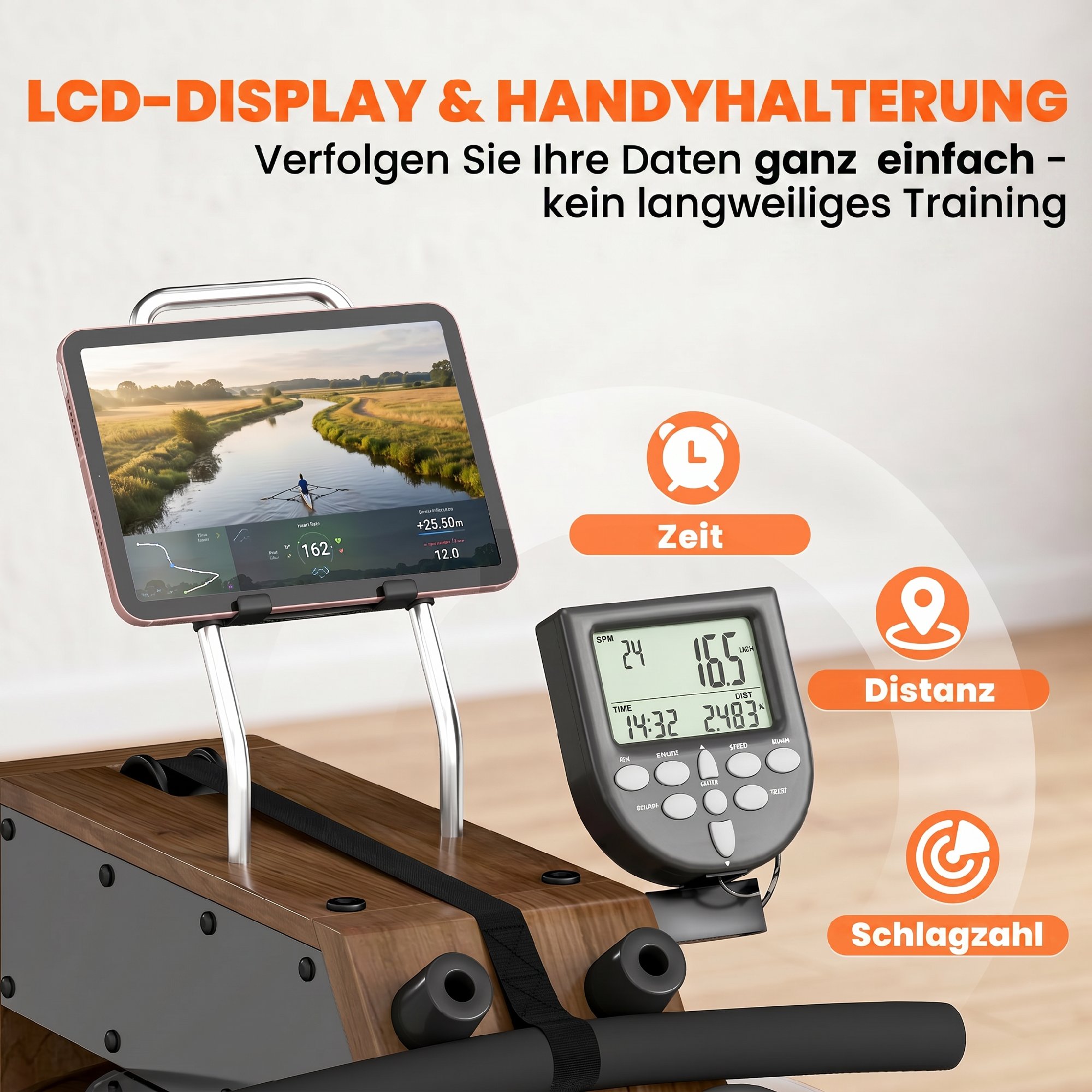 Wasser Rudergerät für Zuhause Gummiholz Klappbar mit Bluetooth APP Doppel-Aluminiumschienen LCD Display bis 158 kg