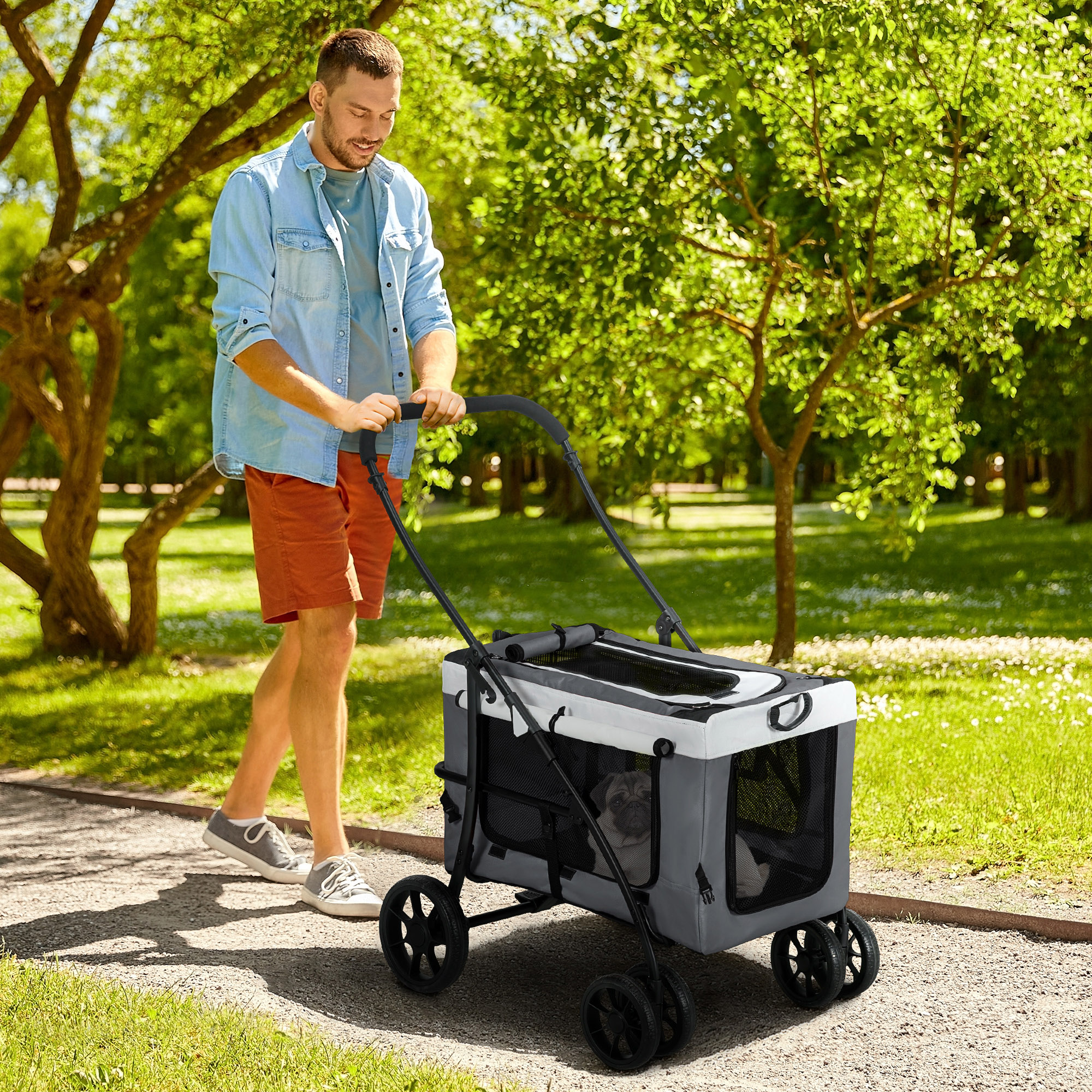 Hundbuggy Haustierbuggy bis 10kg klappbar abnehmbarer Korb 81 x 58 x 97,5 cm Schwarz + Grau + Weiß