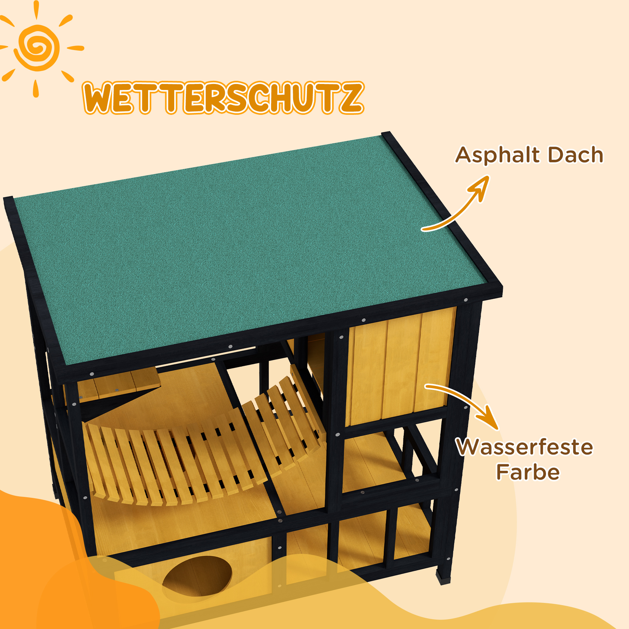 Katzenhaus Katzenhütte Katzenhöhle, wetterbeständig, 1 Rampe, 1 Plattform,  84,5 x 60 x 88 cm, Grün + Natur