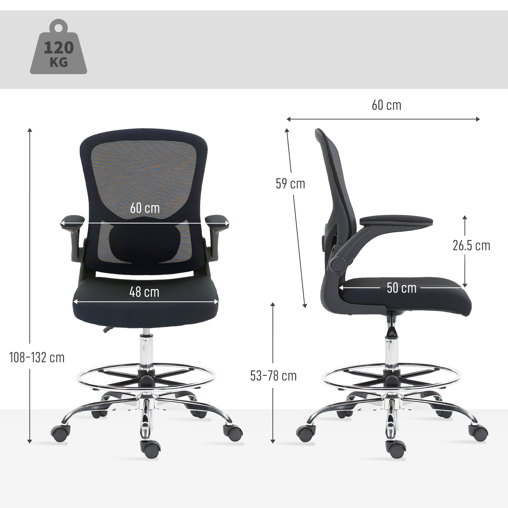 Zeichenstuhl mit Lendenstütze, höhenverstellbar, drehbar, für Homeoffice, Studio, Kunstprojekte, Schwarz