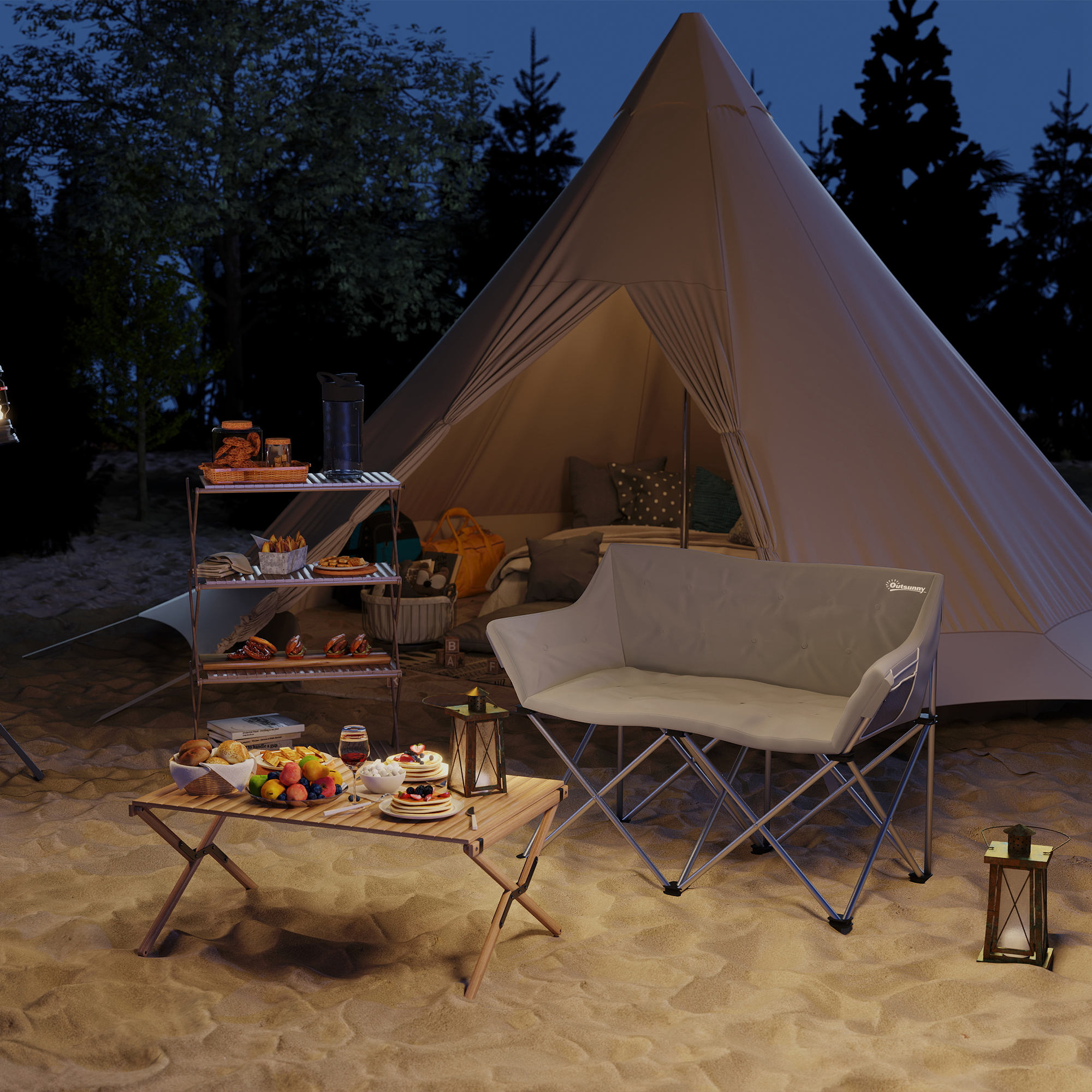 Faltstuhl 2 Sitzer faltbar Campingstuhl mit Armlehnen Seitentasche bis 240kg belastbar Grau